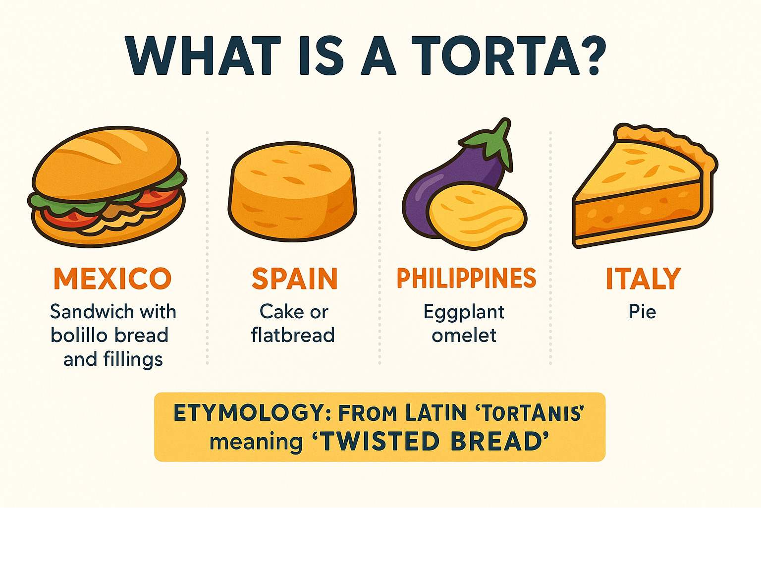 Infographic showing global definitions of torta: Mexican sandwich with bolillo bread and fillings, Spanish cake or flatbread, Philippine eggplant omelet, and Italian pie, with etymology from Latin 'torta panis' meaning twisted bread - what is a torta infographic 