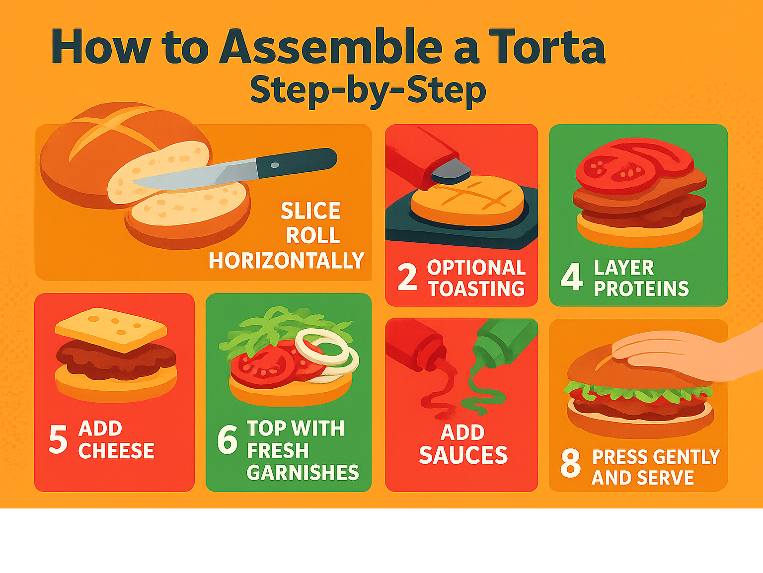 Step-by-step torta assembly infographic showing: 1. Slice roll horizontally, 2. Optional toasting, 3. Spread beans on bottom, 4. Layer proteins, 5. Add cheese, 6. Top with fresh garnishes, 7. Add sauces, 8. Press gently and serve - what is a torta infographic 