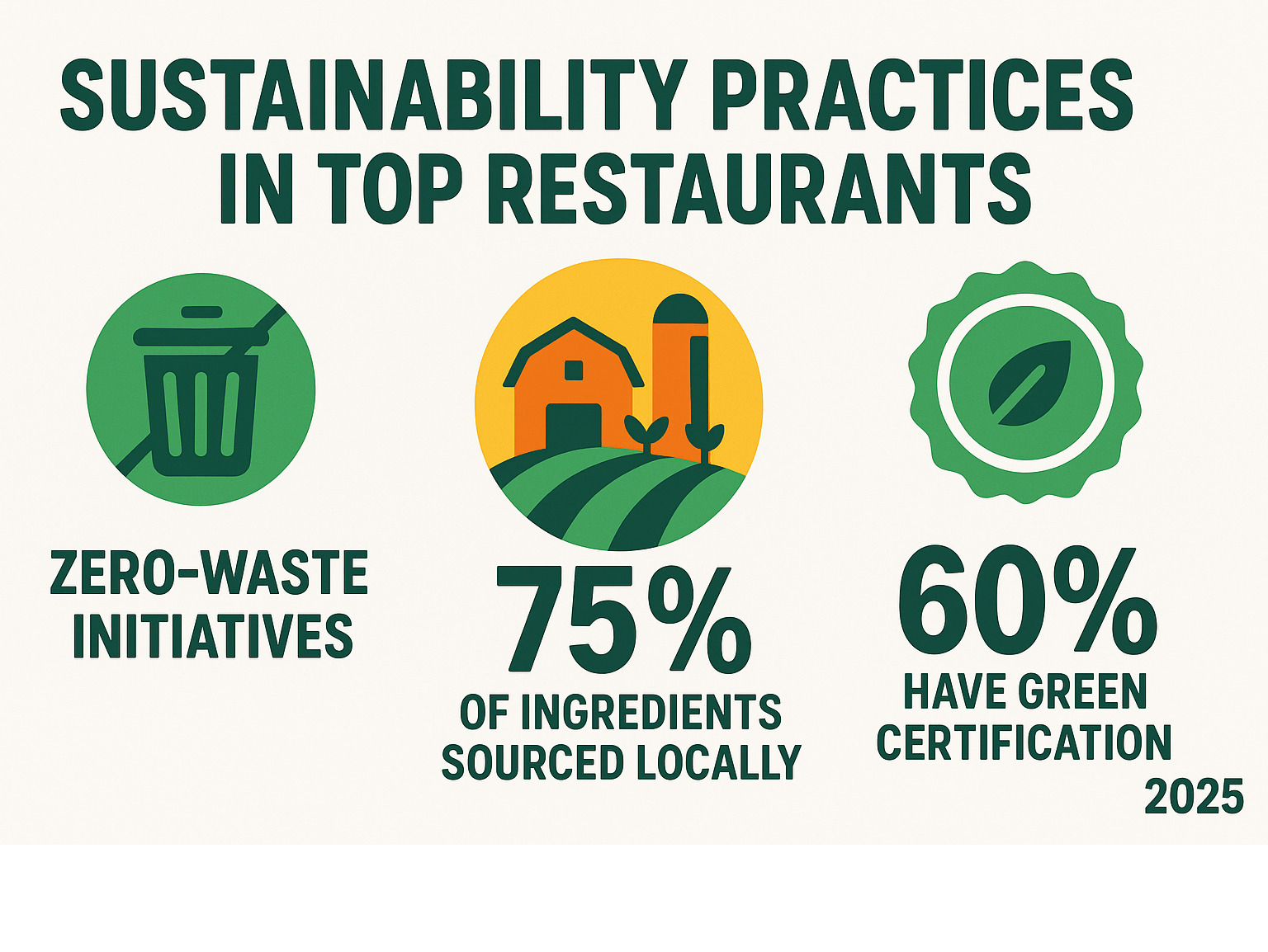 Infographic showing sustainability practices in top restaurants worldwide, including zero-waste initiatives, local sourcing percentages, and green certification statistics - top chef in the world infographic 
