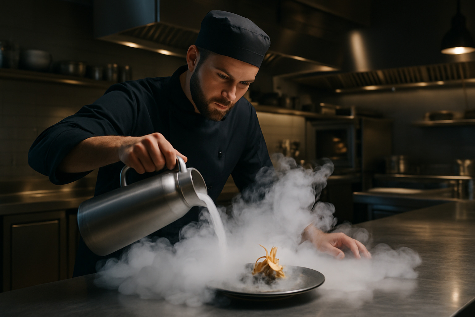Liquid nitrogen being used to create an avant-garde dessert with dramatic smoke effects - world's best chef