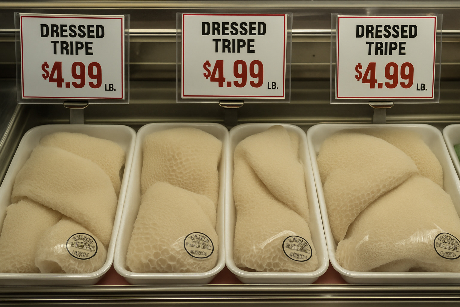 Packaged dressed tripe displayed in a butcher shop case with clear labeling and proper refrigeration - what is tripe