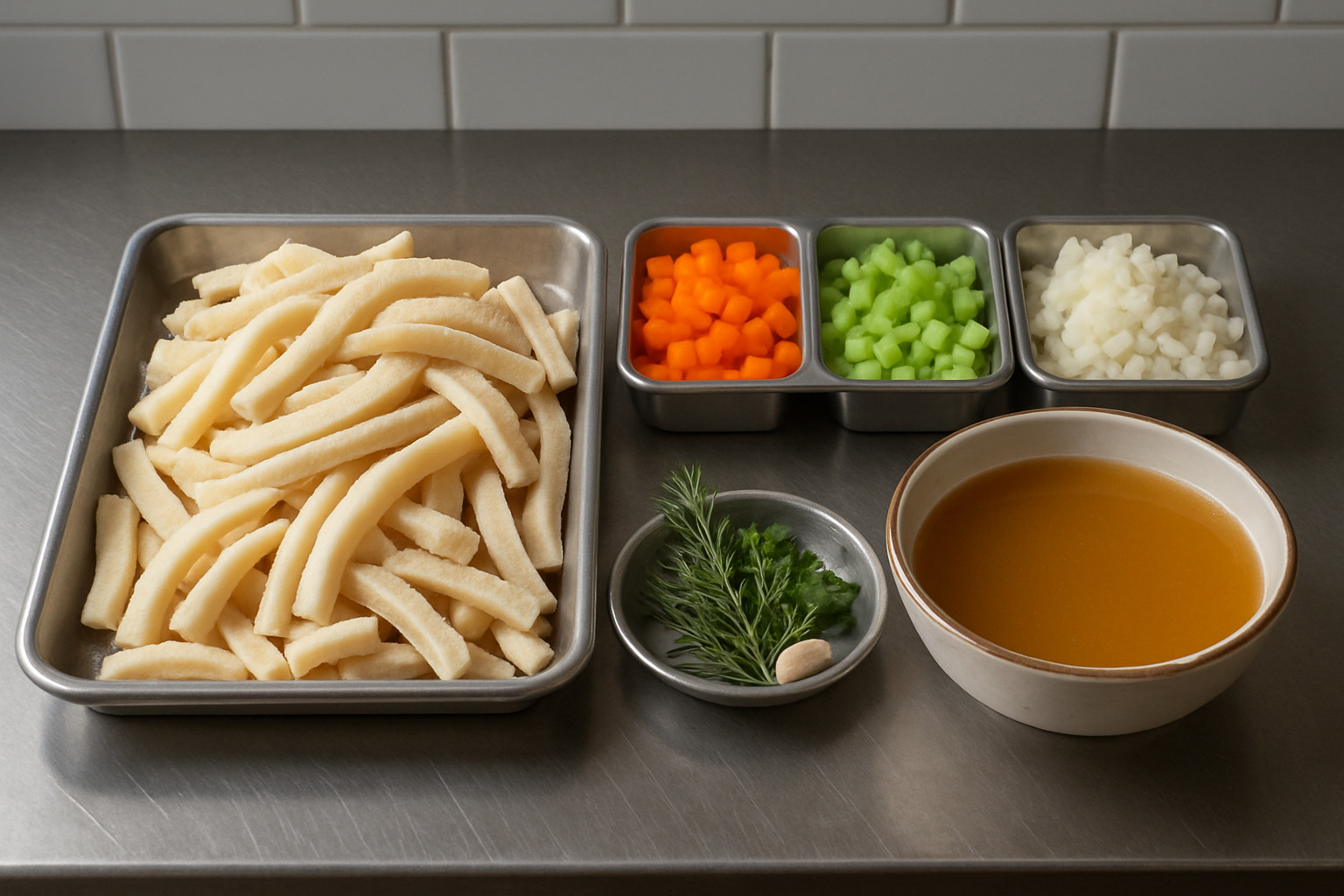 Mise-en-place setup showing cleaned tripe cut into strips, diced vegetables, herbs, and cooking liquid ready for braising - what is tripe
