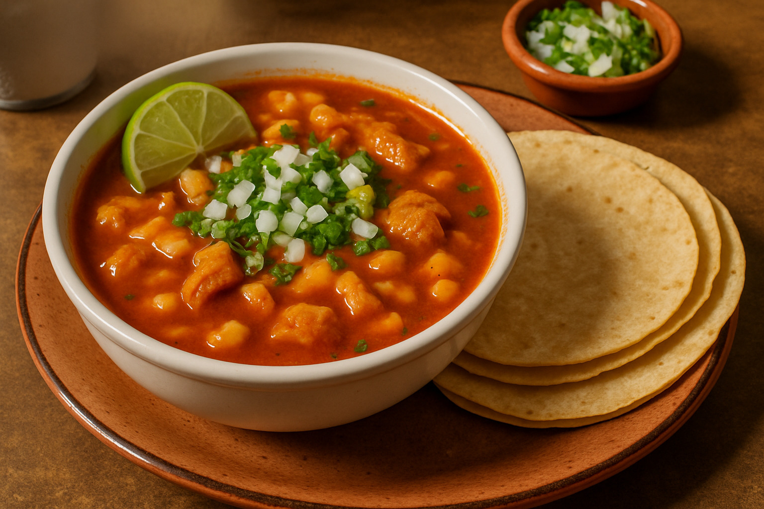 Steaming bowl of Mexican menudo garnished with chopped onions, cilantro, and lime, served with corn tortillas - what is tripe