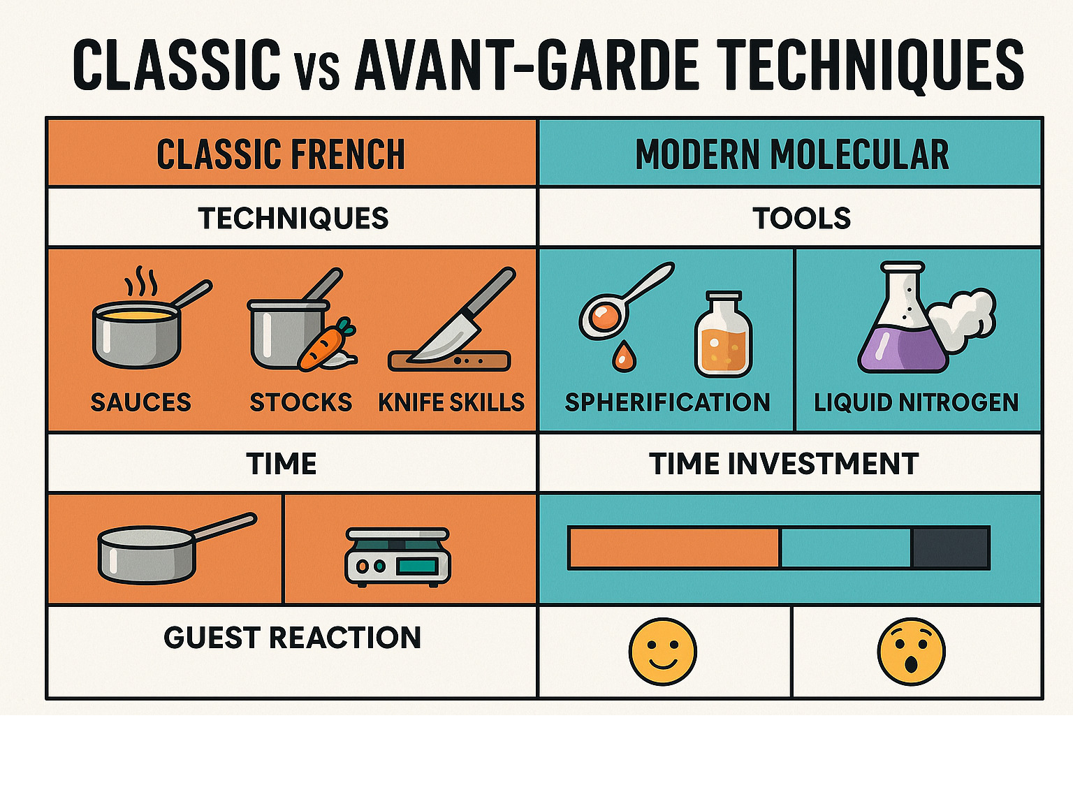 Infographic comparing classic French cooking techniques (sauces, stocks, knife skills) with modern molecular gastronomy methods (spherification, liquid nitrogen, fermentation), showing tools, time investment, and typical guest reactions for each approach - world's best chef infographic 