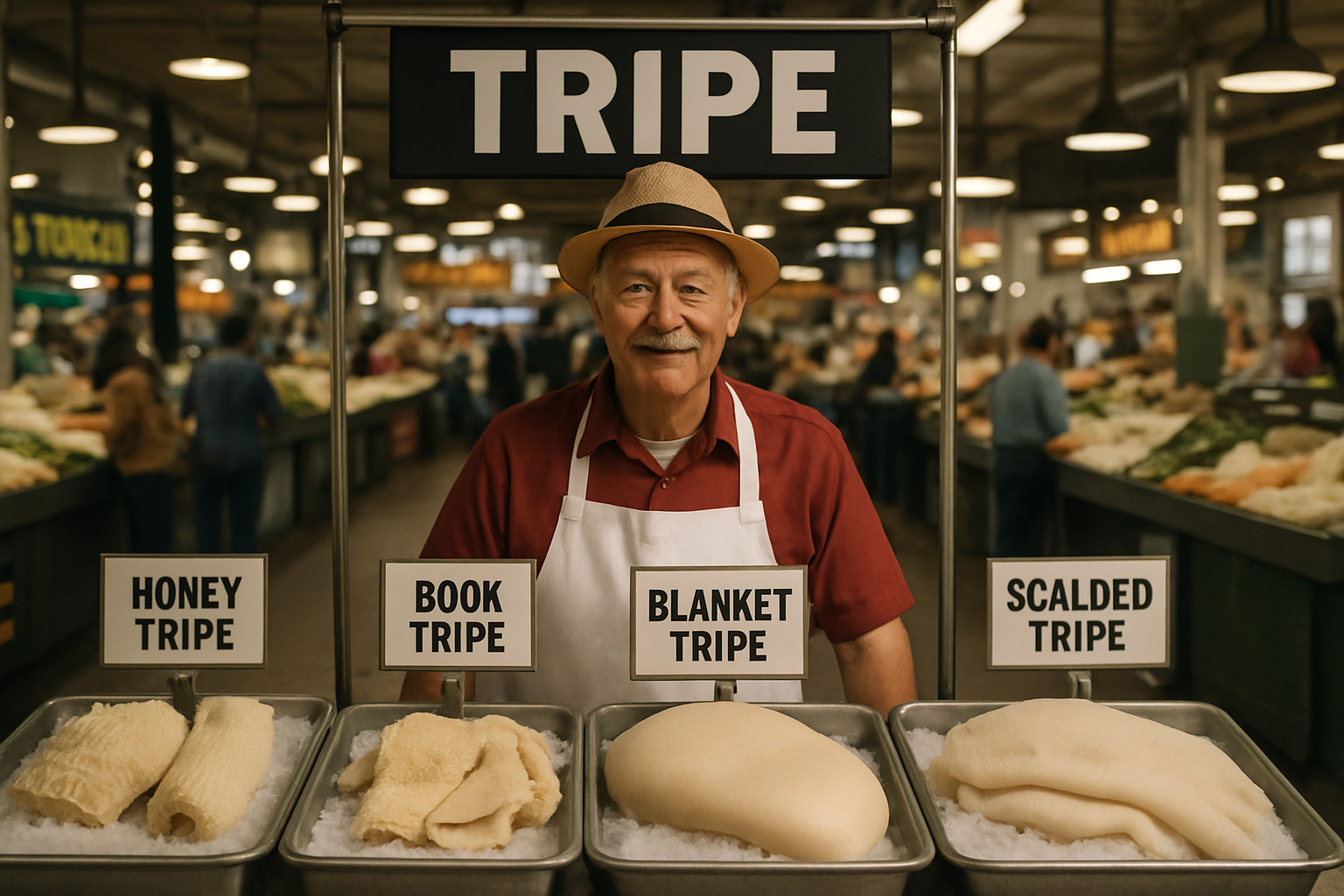 traditional tripe vendor at a local market displaying various types of cleaned tripe - what is tripe meat 