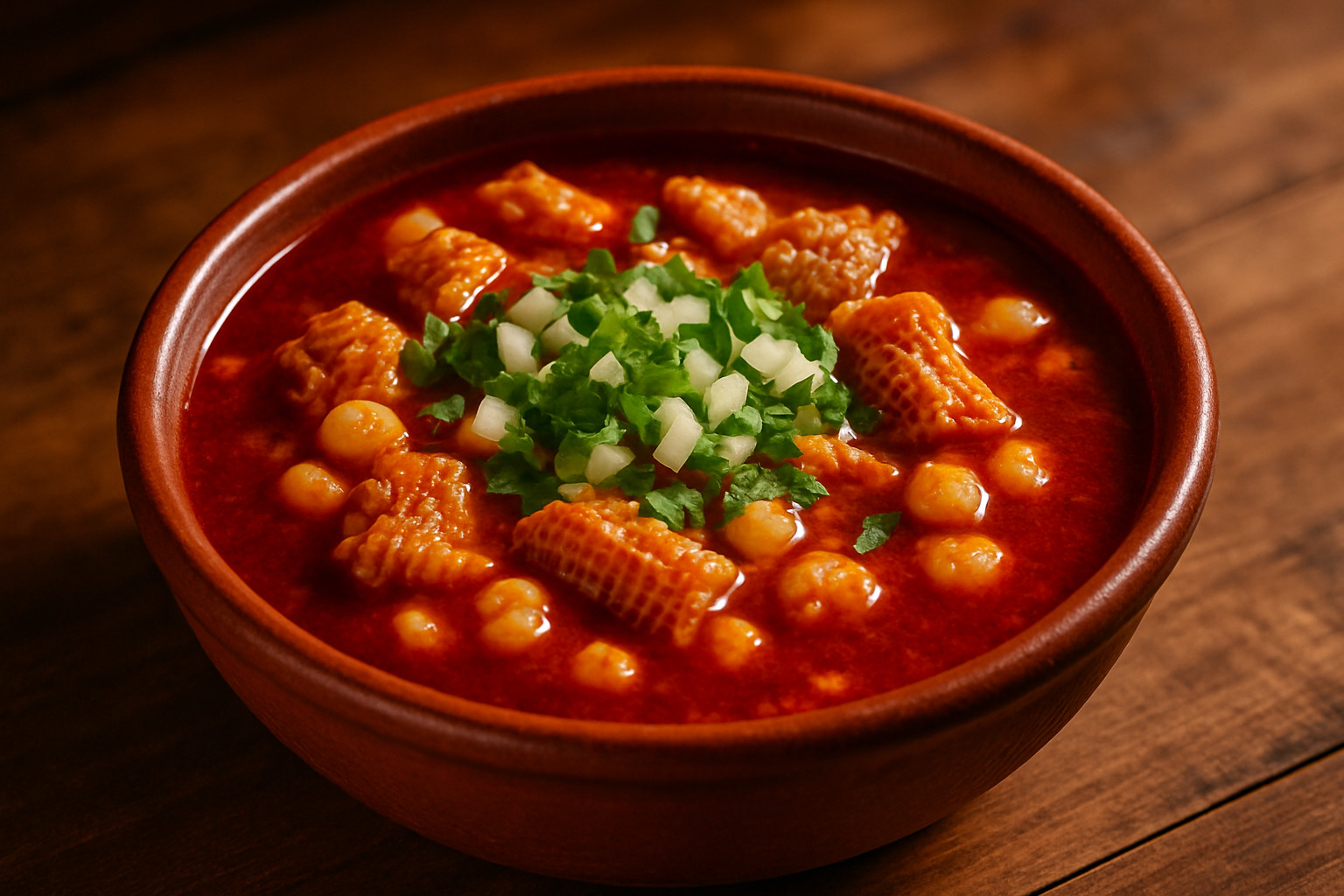 Mexican menudo soup with tripe, hominy, and red chili broth in a traditional bowl - what is tripe meat 
