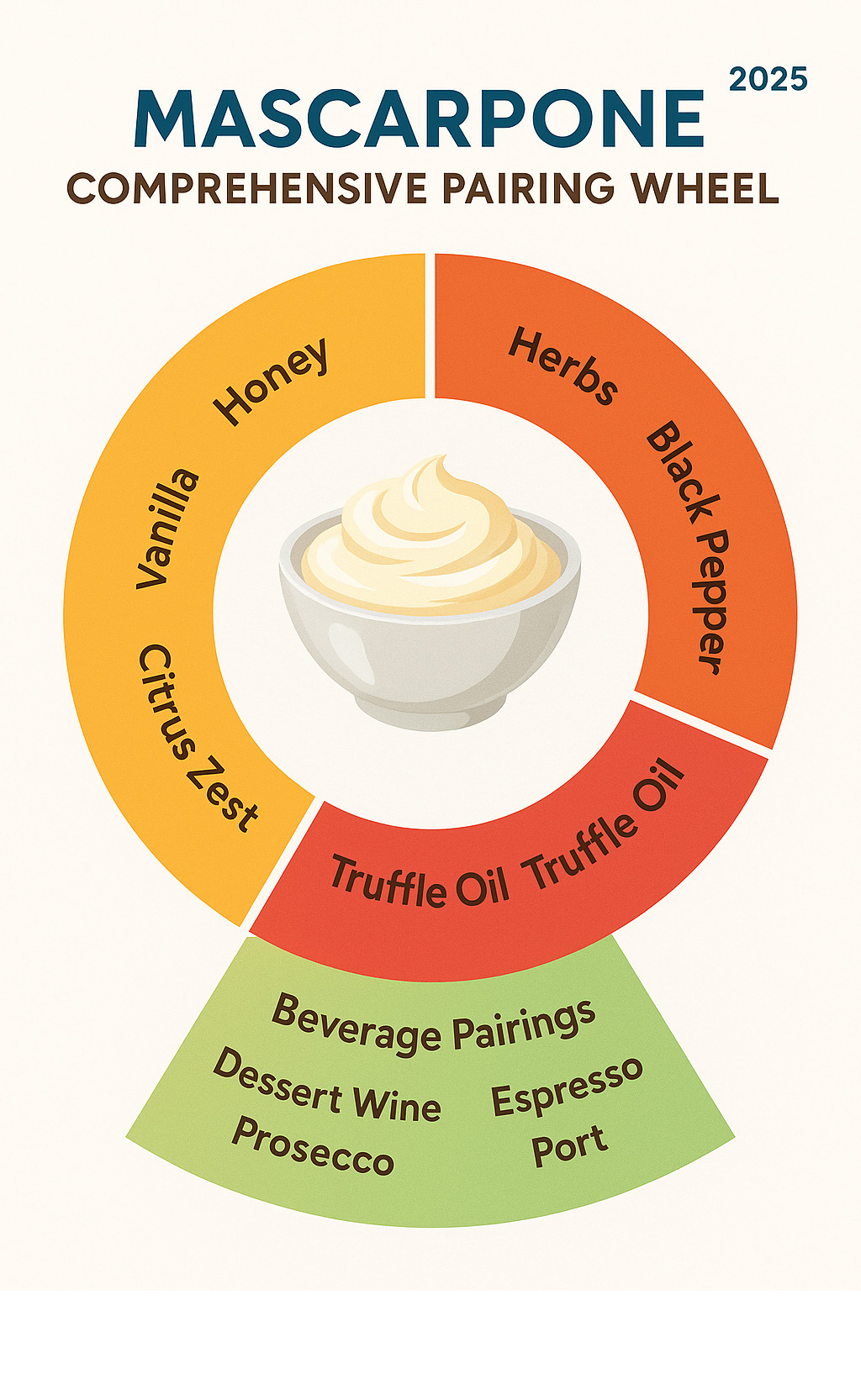 Comprehensive pairing wheel showing complementary flavors and ingredients for mascarpone - what does mascarpone taste like infographic 