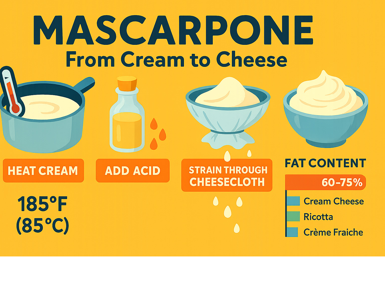 Detailed infographic showing mascarpone production process from cream to final product, including temperature requirements, acid addition, straining through cheesecloth, and comparison of fat content with other cheeses - what does mascarpone taste like infographic 