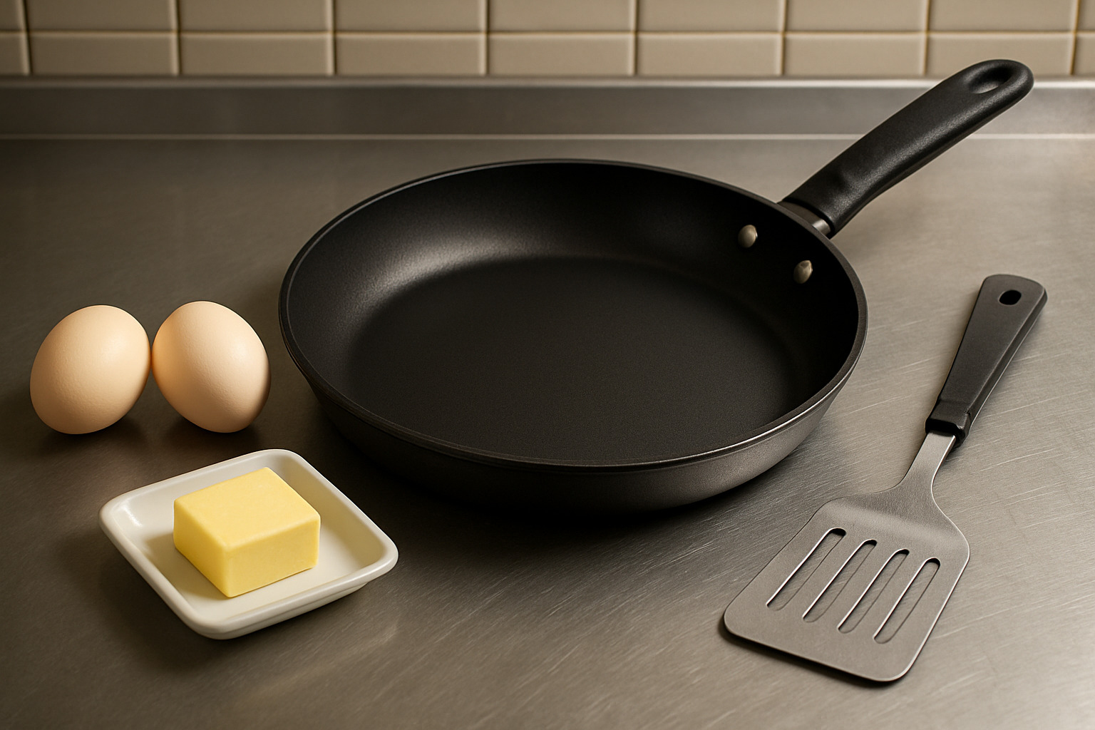 Professional kitchen setup showing nonstick skillet, fresh eggs, butter, and flexible spatula arranged for cooking eggs over easy - eggs over easy