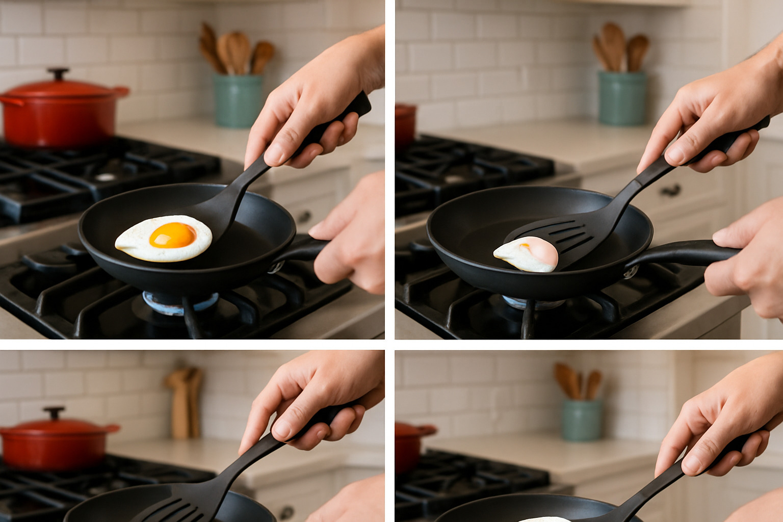 Step-by-step sequence showing the critical egg flipping technique with spatula positioning and wrist motion for perfect eggs over easy - eggs over easy