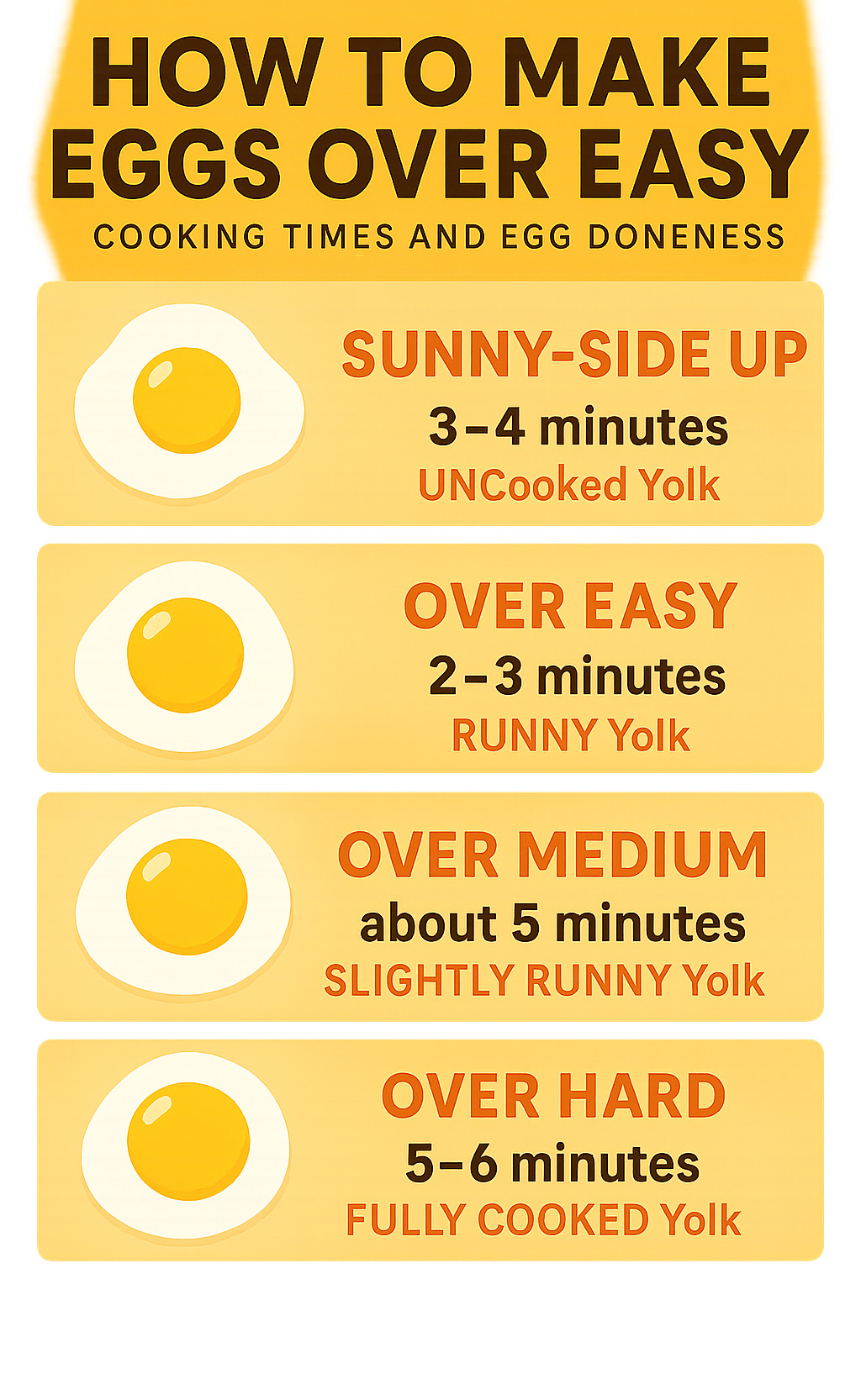 Comprehensive guide showing the four main egg cooking styles from sunny side up to over hard, with cooking times and visual doneness indicators for each style including over easy eggs - eggs over easy infographic 