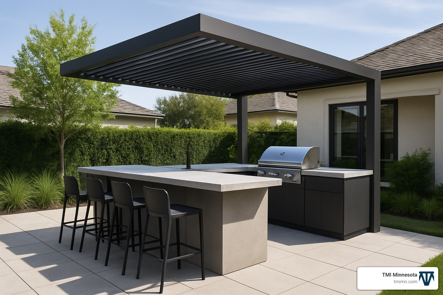 cantilevered pergola with bar seating - modern outdoor kitchen pergola