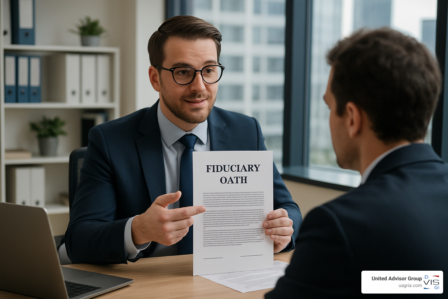 advisor showing fiduciary oath document - fee only fiduciary advisor