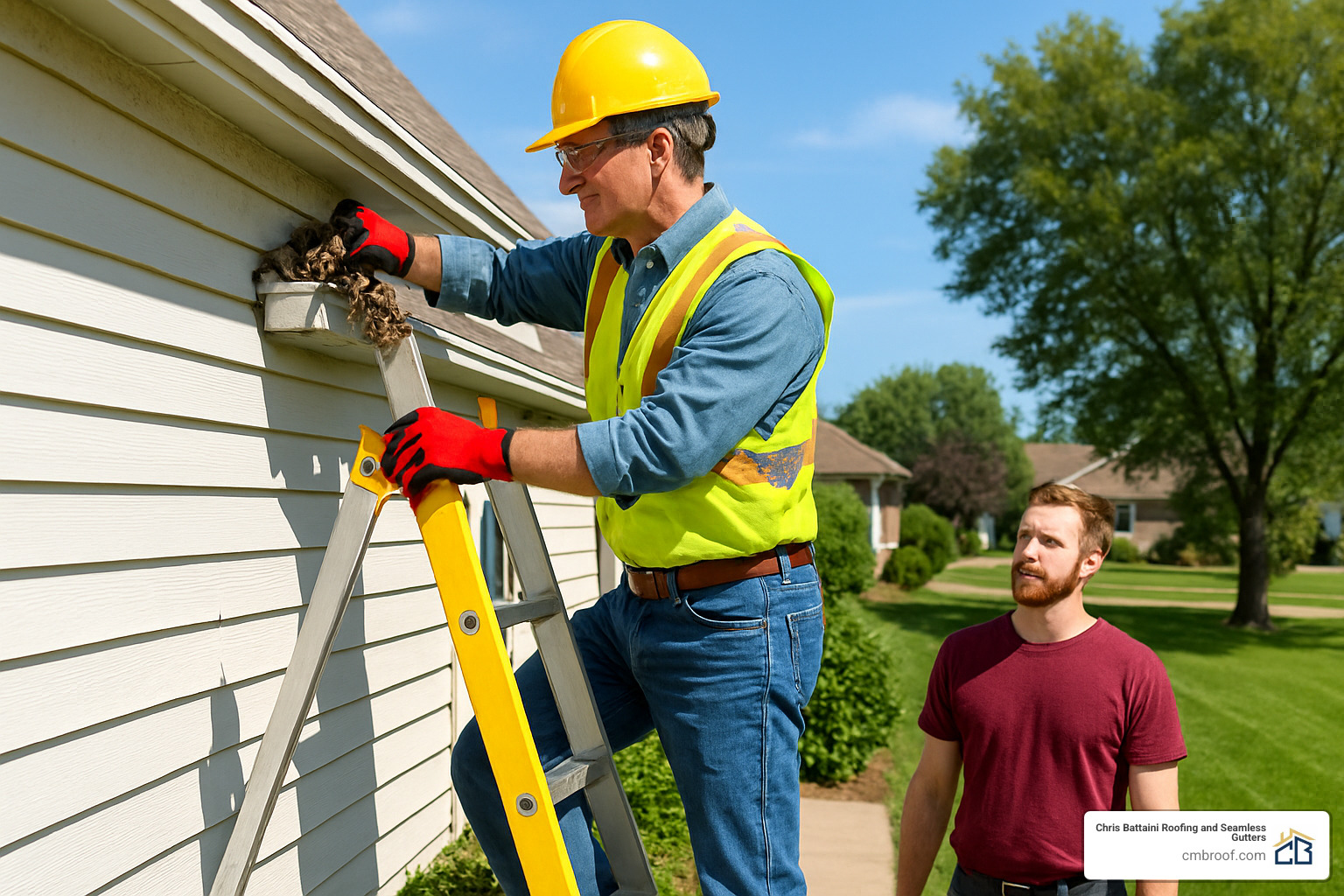 homeowner safely cleaning gutters with proper ladder setup - residential roof inspection service