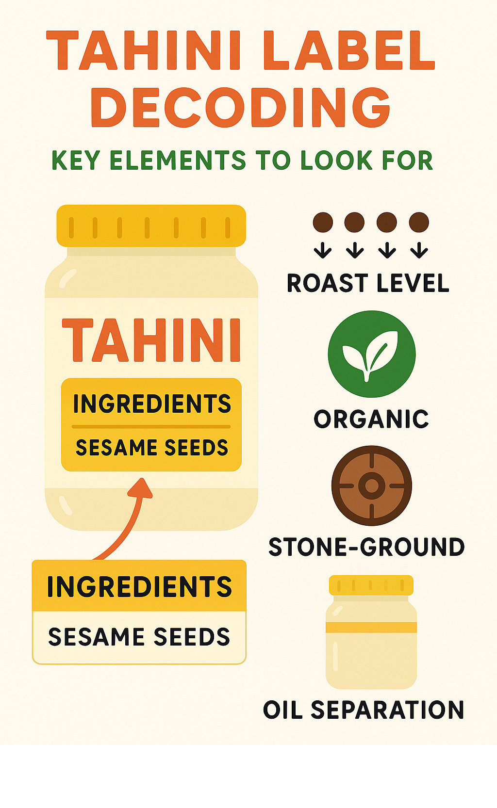 Tahini label decoding infographic showing key elements to look for: ingredient list with minimal components, roast level indicators, organic certification symbols, stone-ground processing mentions, and oil separation guidelines - what is tahini infographic Tahini label decoding infographic showing key elements to look for: ingredient list with minimal components, roast level indicators, organic certification symbols, stone-ground processing mentions, and oil separation guidelines - what is tahini infographic