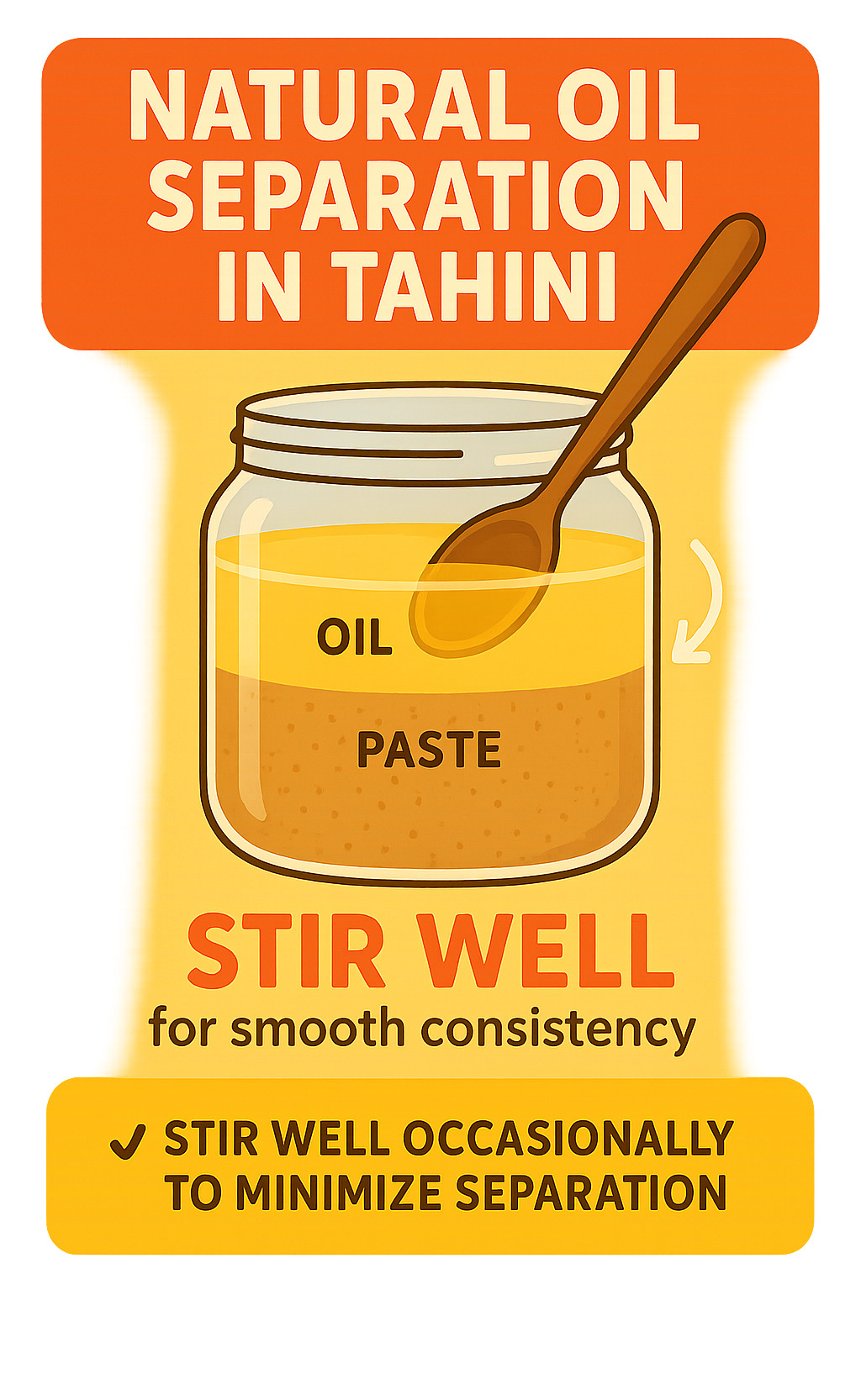 Natural oil separation in tahini showing layered oil on top of paste, with arrows indicating proper stirring technique and tips for achieving smooth consistency - what is tahini infographic Natural oil separation in tahini showing layered oil on top of paste, with arrows indicating proper stirring technique and tips for achieving smooth consistency - what is tahini infographic