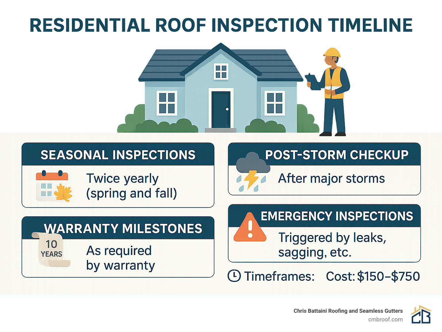 Infographic showing residential roof inspection timeline with seasonal inspection schedule, post-storm checkup requirements, warranty milestone inspections, and emergency inspection triggers with average timeframes and cost ranges - residential roof inspection service infographic 