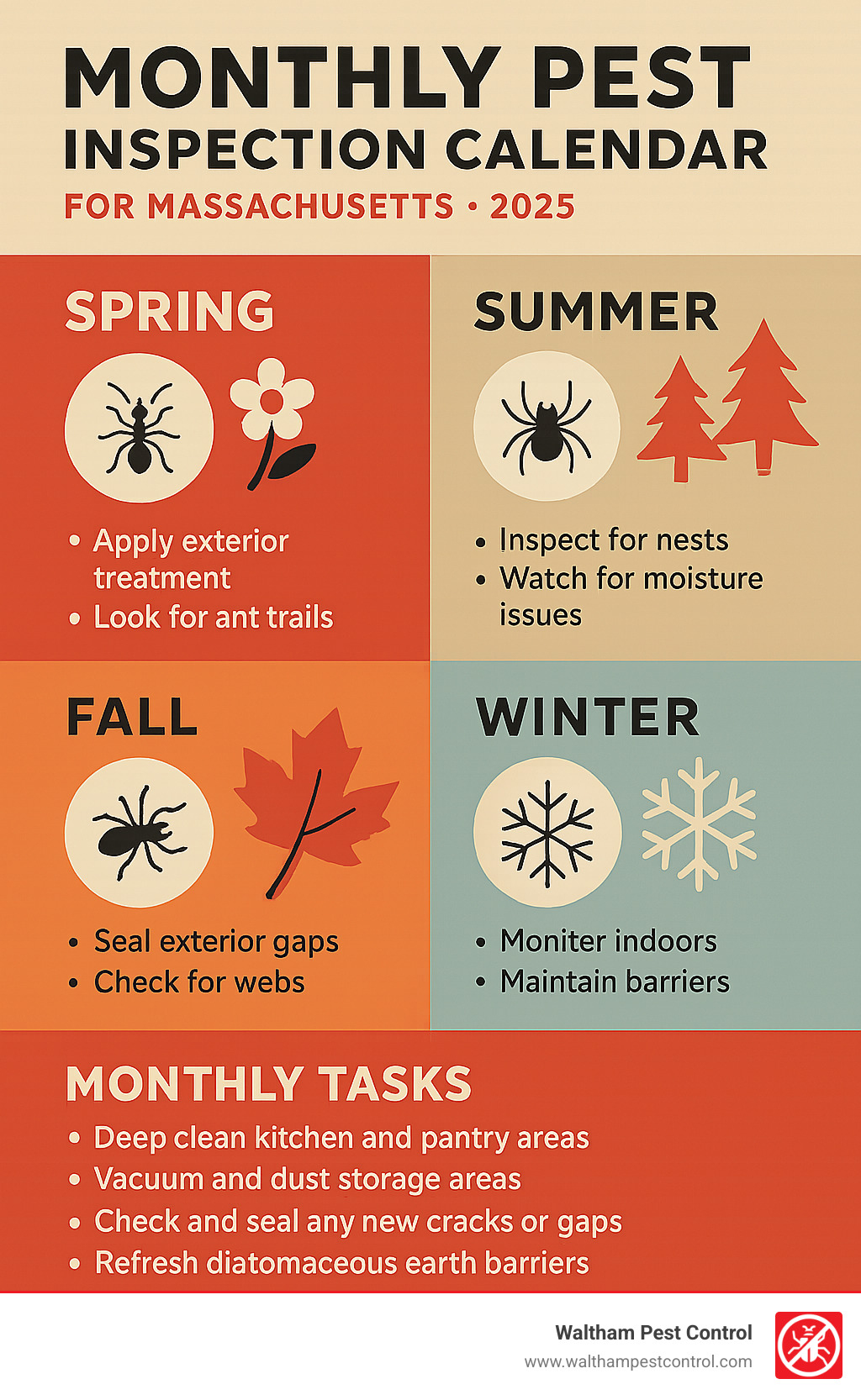 Monthly pest inspection calendar showing key activities for each season in Massachusetts, including when to apply treatments and what signs to look for - best way to get rid of ants and spiders infographic 