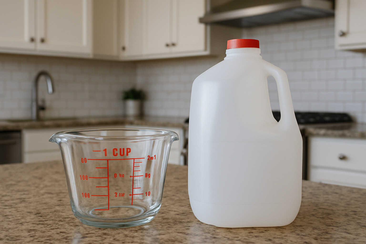 measuring cup and gallon container side by side - ounces per gallon