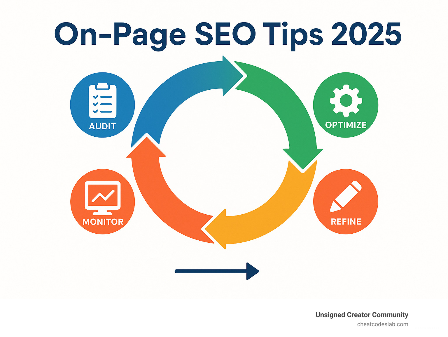 Infographic showing the iterative SEO optimization cycle of audit, optimize, monitor, and refine - On-page SEO tips infographic 