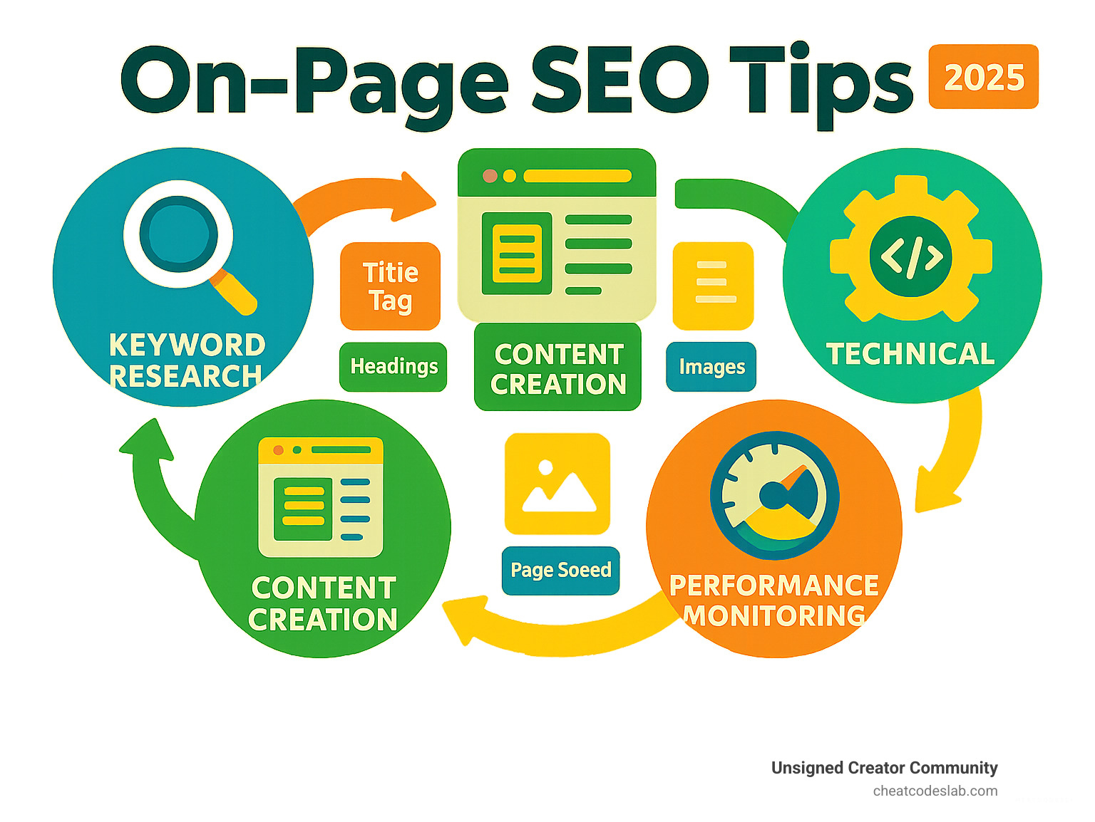 Comprehensive infographic showing the on-page SEO optimization process from keyword research through content creation to technical implementation and performance monitoring - On-page SEO tips infographic 