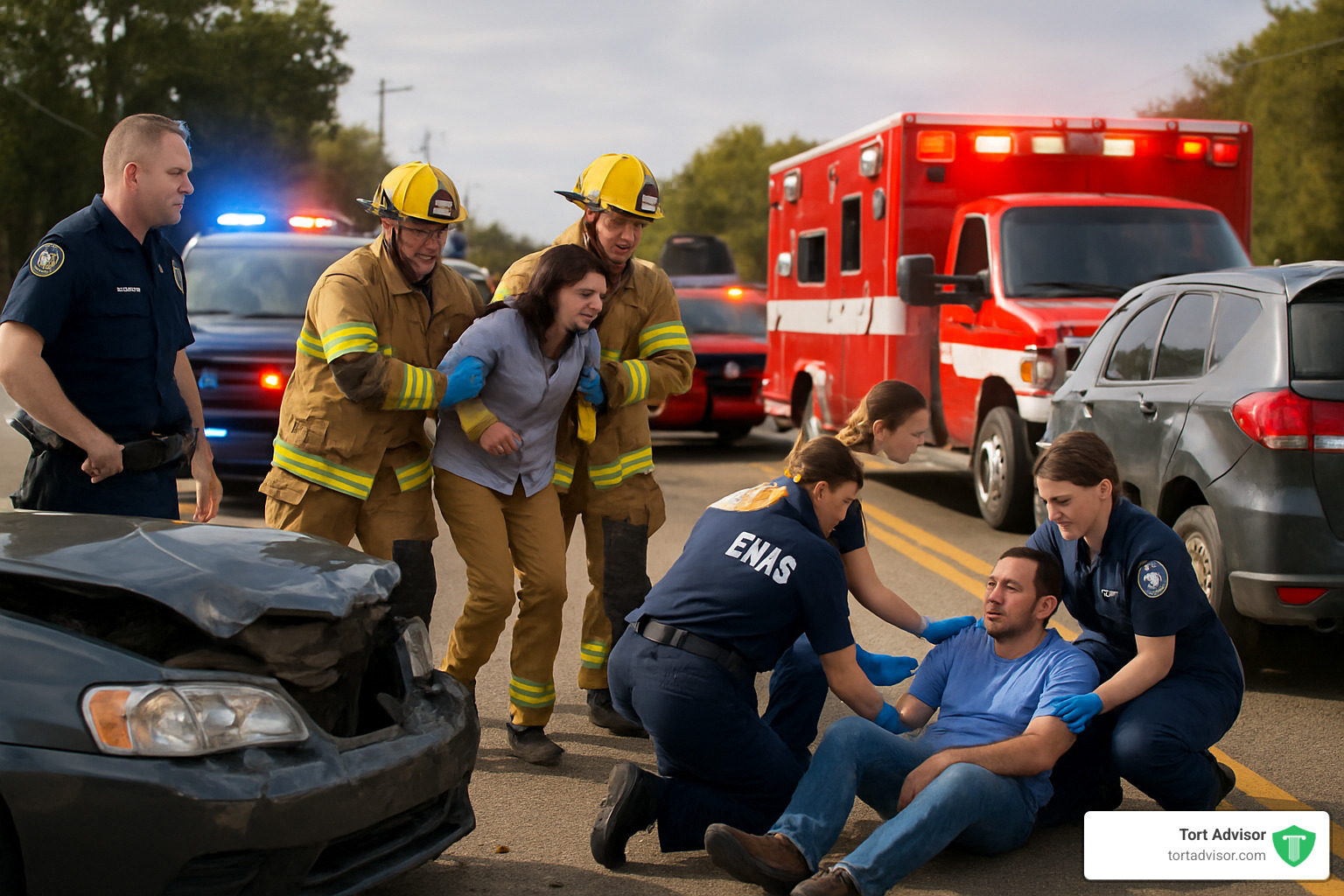emergency responders at accident scene - how to report a motor vehicle accident