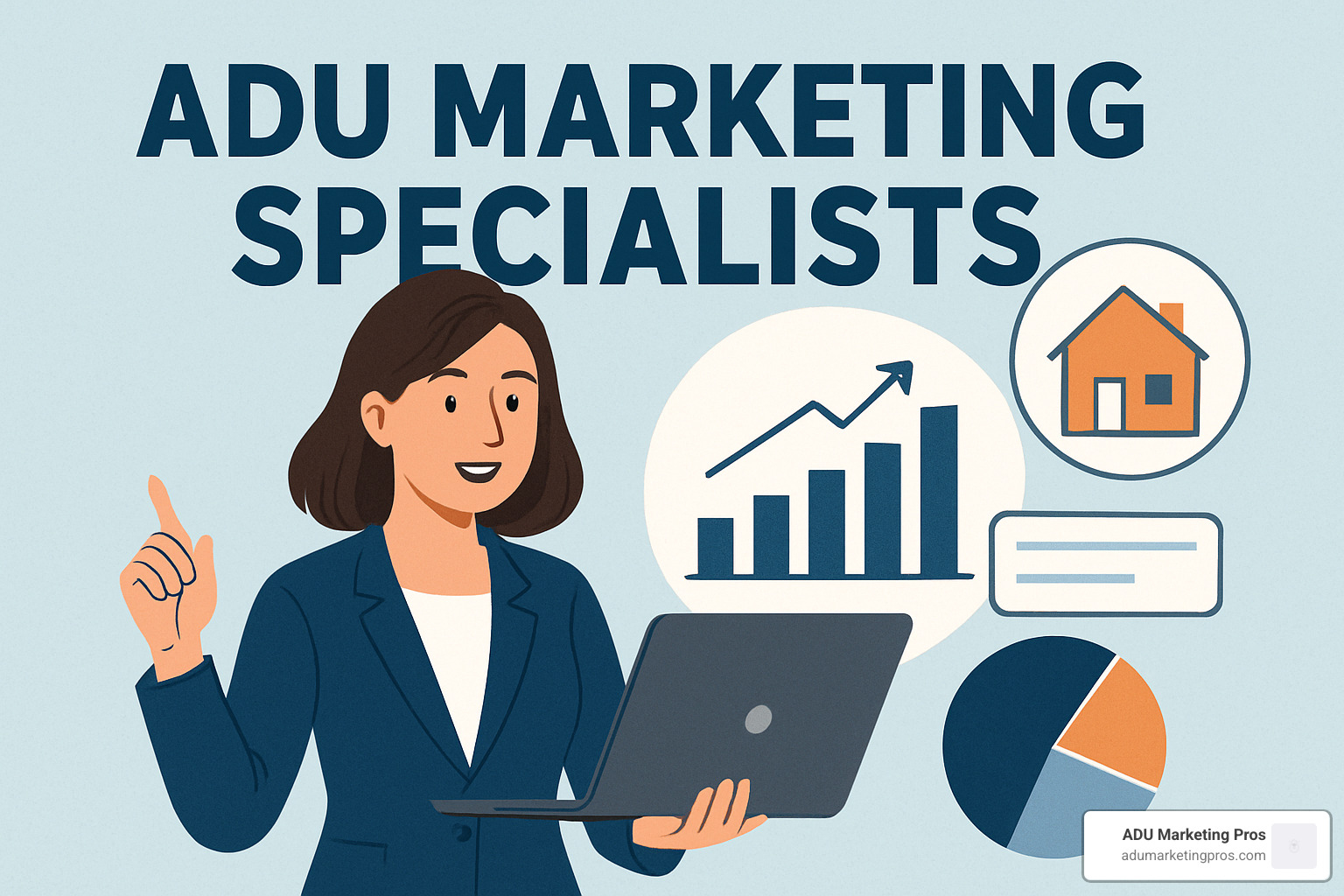 Modern ADU construction site with marketing analytics dashboard overlay - ADU marketing specialists