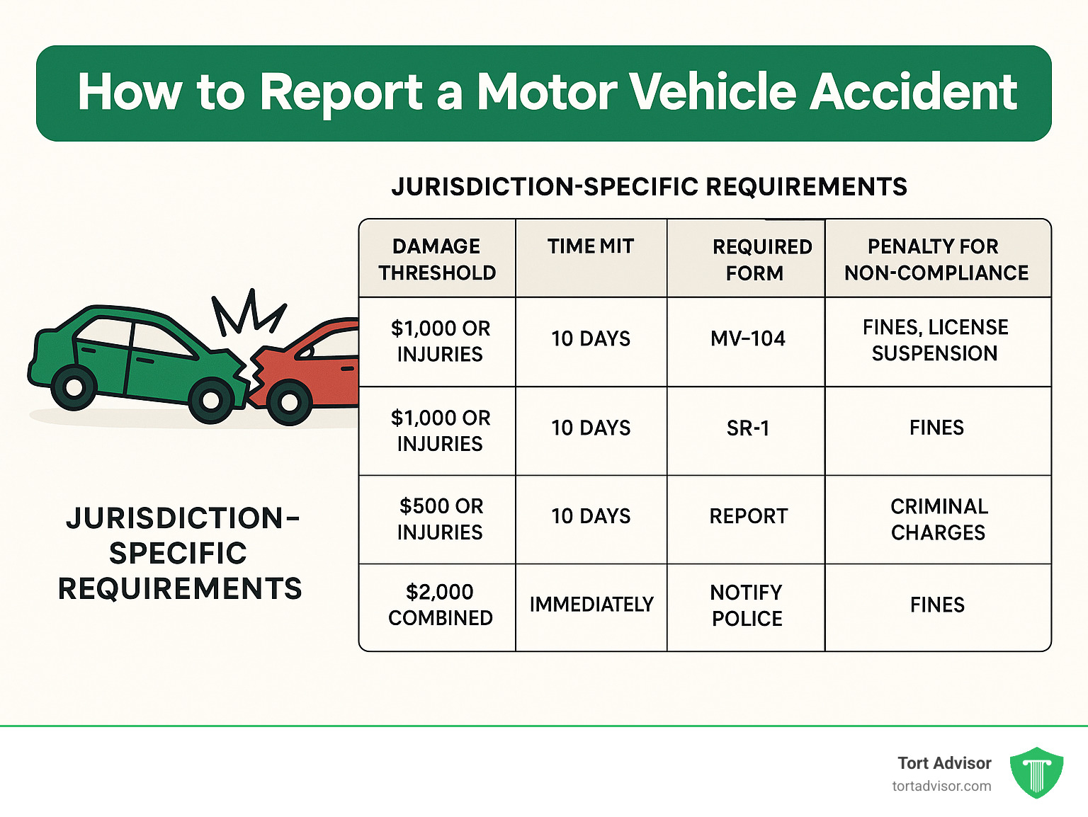 Infographic showing motor vehicle accident reporting requirements by jurisdiction including damage thresholds, time limits, required forms, and penalties for non-compliance across major US states and Canadian provinces - how to report a motor vehicle accident infographic 