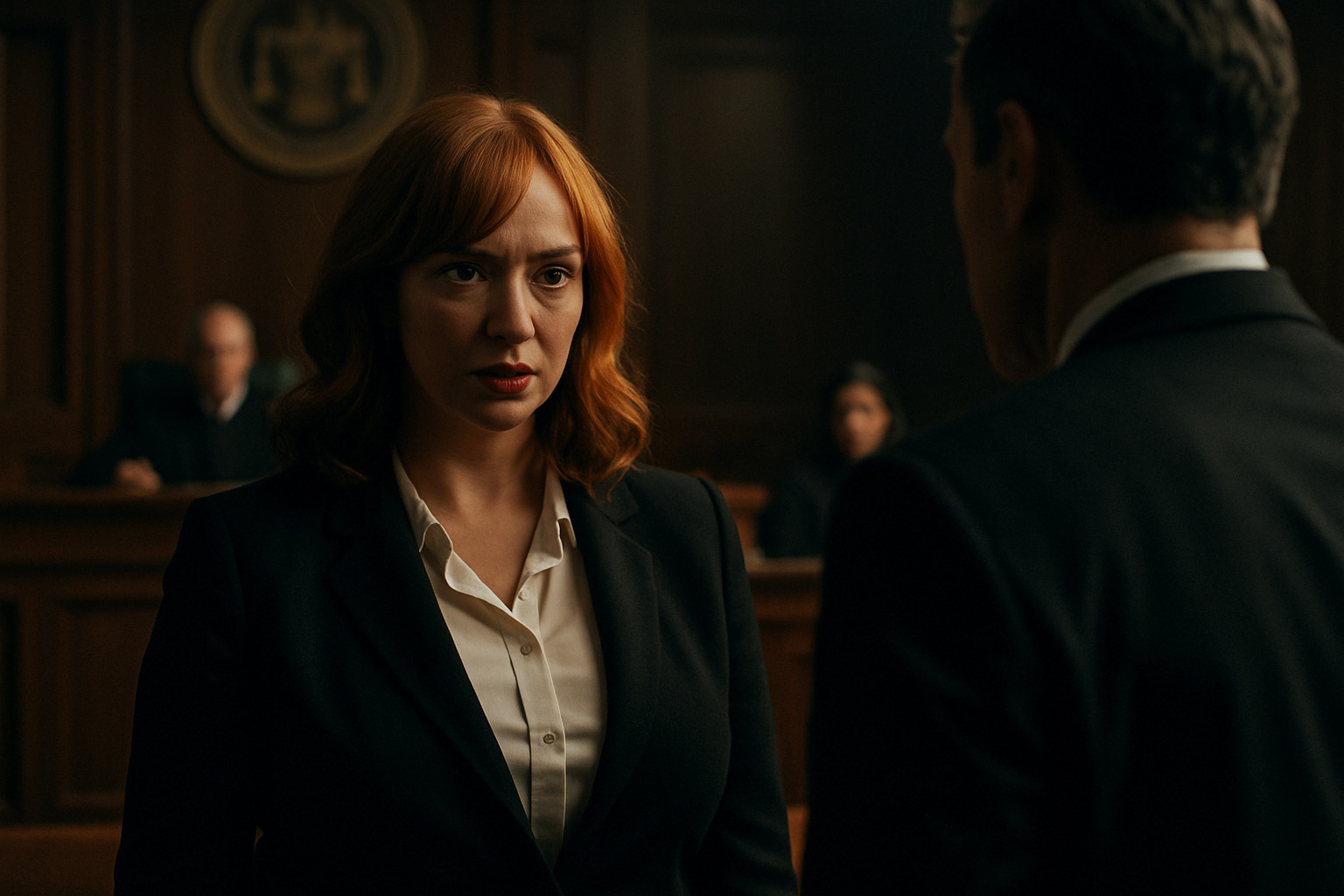Christina Hendricks in tense courtroom confrontation scene - good american family cast