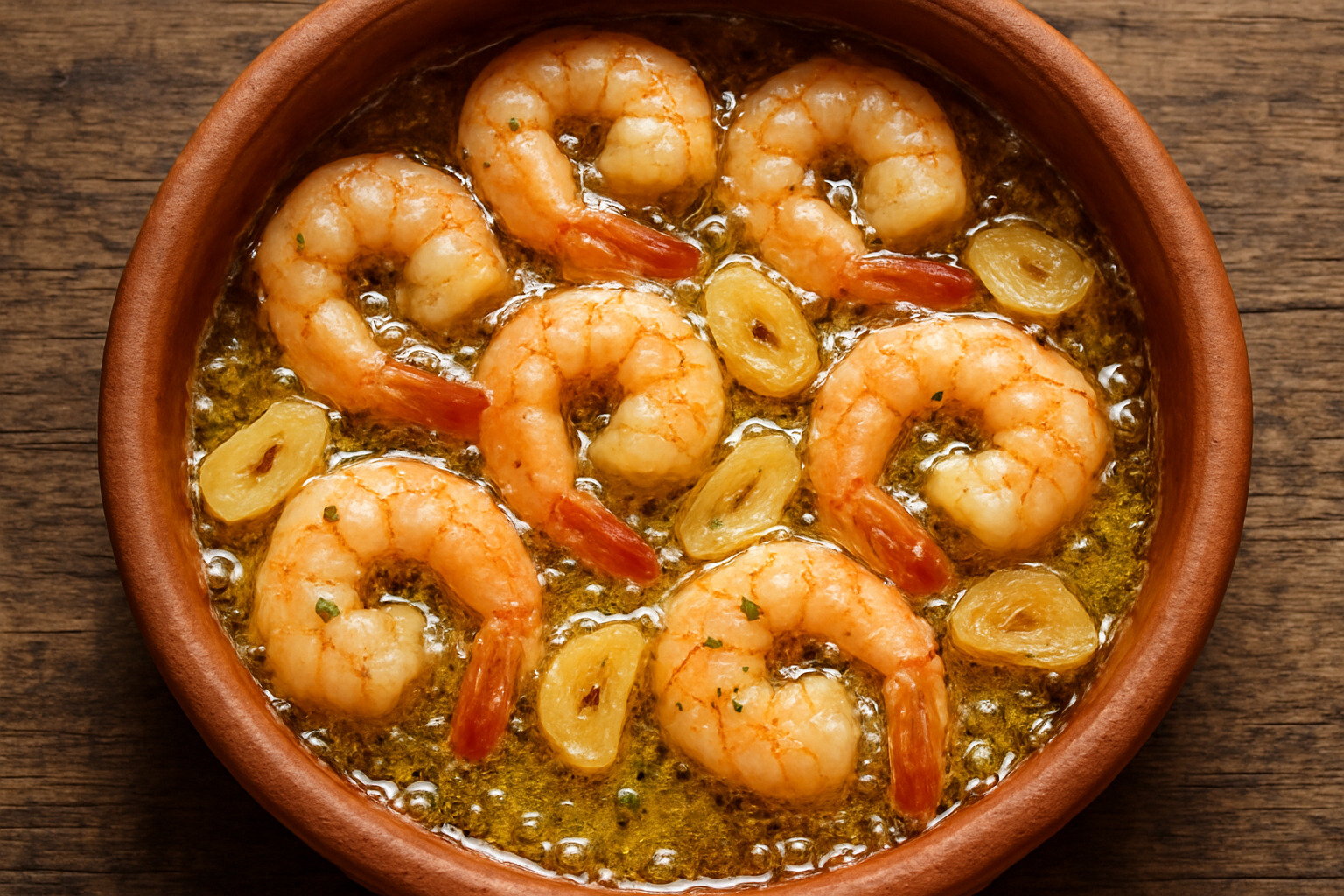 Sizzling gambas al ajillo in a traditional clay dish with olive oil and garlic - Spanish tapas tours