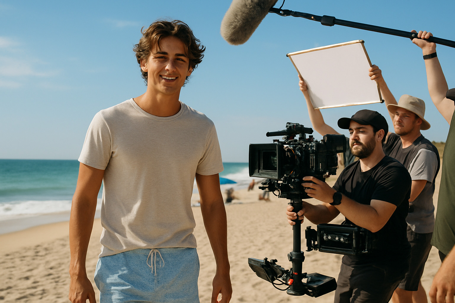 Behind the scenes shot of Gavin Casalegno during beach filming - who plays jeremiah fisher Behind the scenes shot of Gavin Casalegno during beach filming - who plays jeremiah fisher