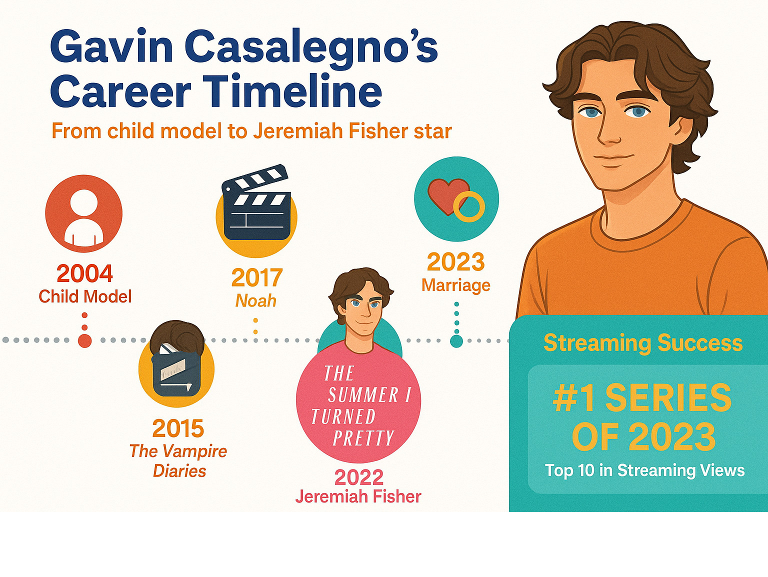 Infographic showing Gavin Casalegno's career timeline from child model to Jeremiah Fisher star, including key roles, personal milestones, and The Summer I Turned Pretty's streaming success statistics - who plays jeremiah fisher infographic Infographic showing Gavin Casalegno's career timeline from child model to Jeremiah Fisher star, including key roles, personal milestones, and The Summer I Turned Pretty's streaming success statistics - who plays jeremiah fisher infographic