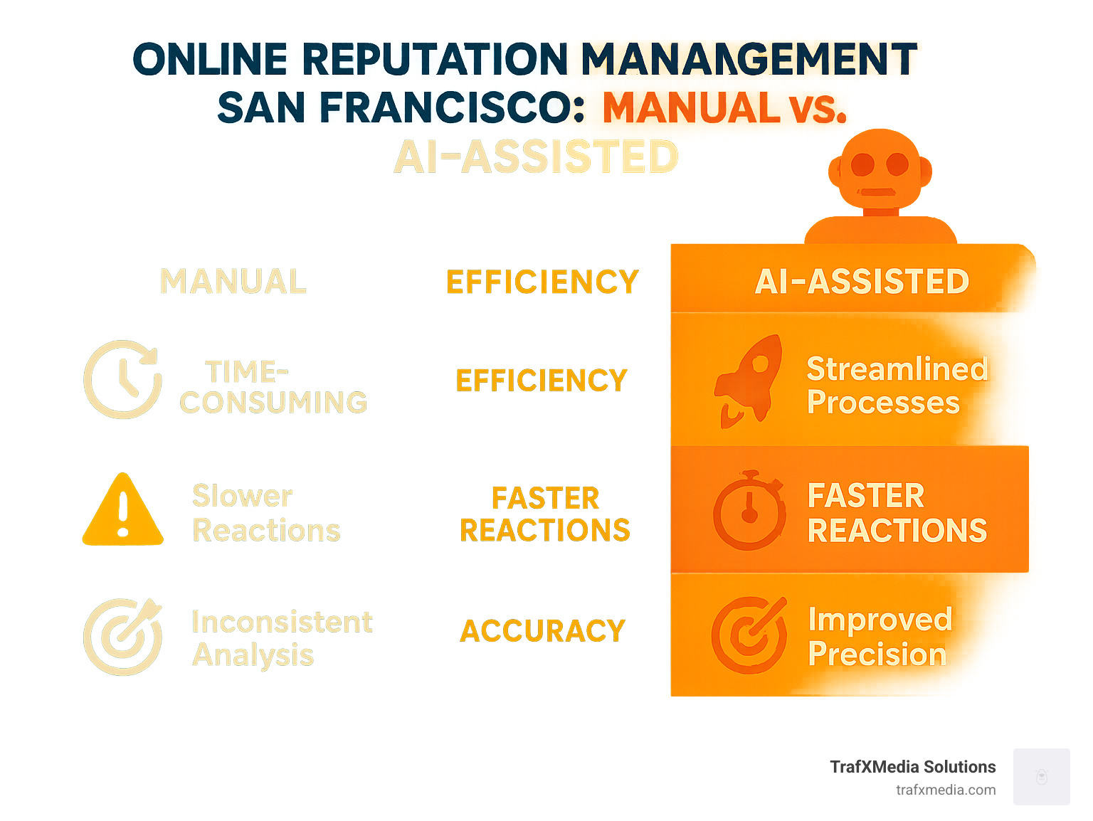 Comparison infographic showing manual reputation monitoring versus AI-assisted monitoring, highlighting efficiency gains, response time improvements, and accuracy benefits for San Francisco businesses - online reputation management san francisco infographic 