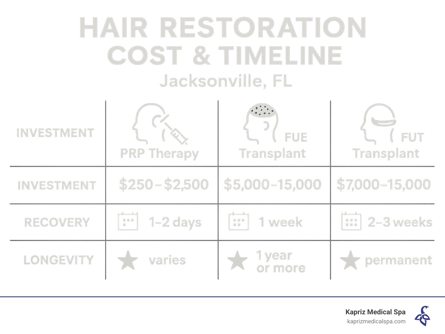hair restoration cost and timeline infographic showing investment ranges, recovery periods, and expected result longevity for different treatment types in Jacksonville FL - hair restoration jacksonville fl infographic