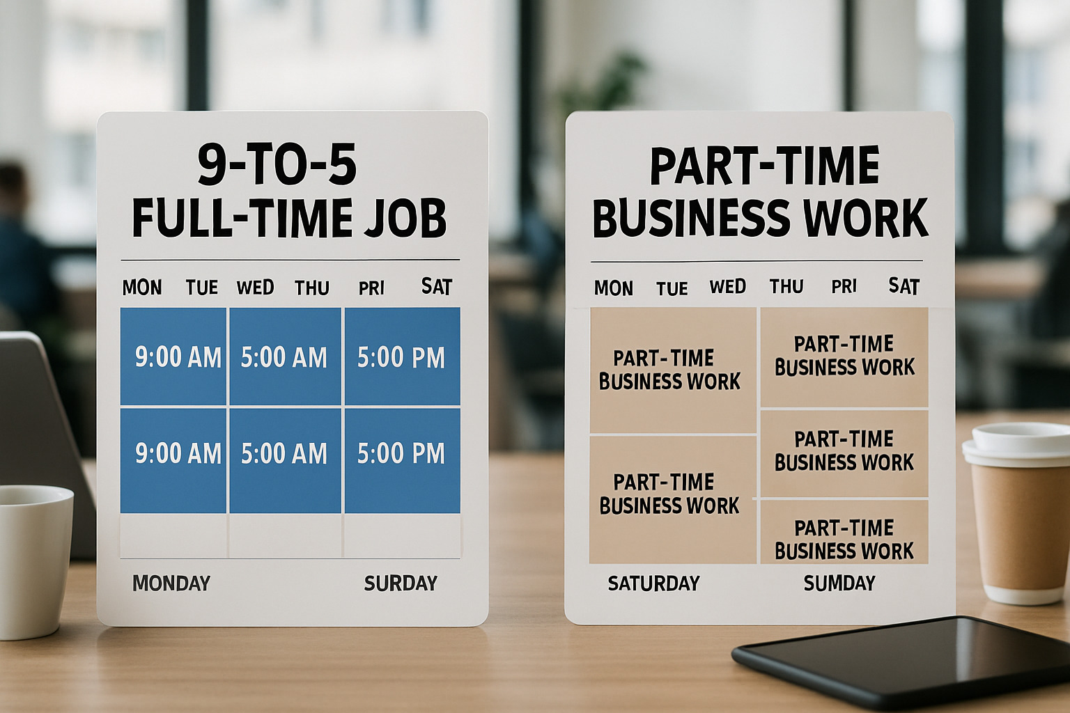 overlapping work calendars showing part-time business hours vs full-time job schedule - best use of time when starting a business