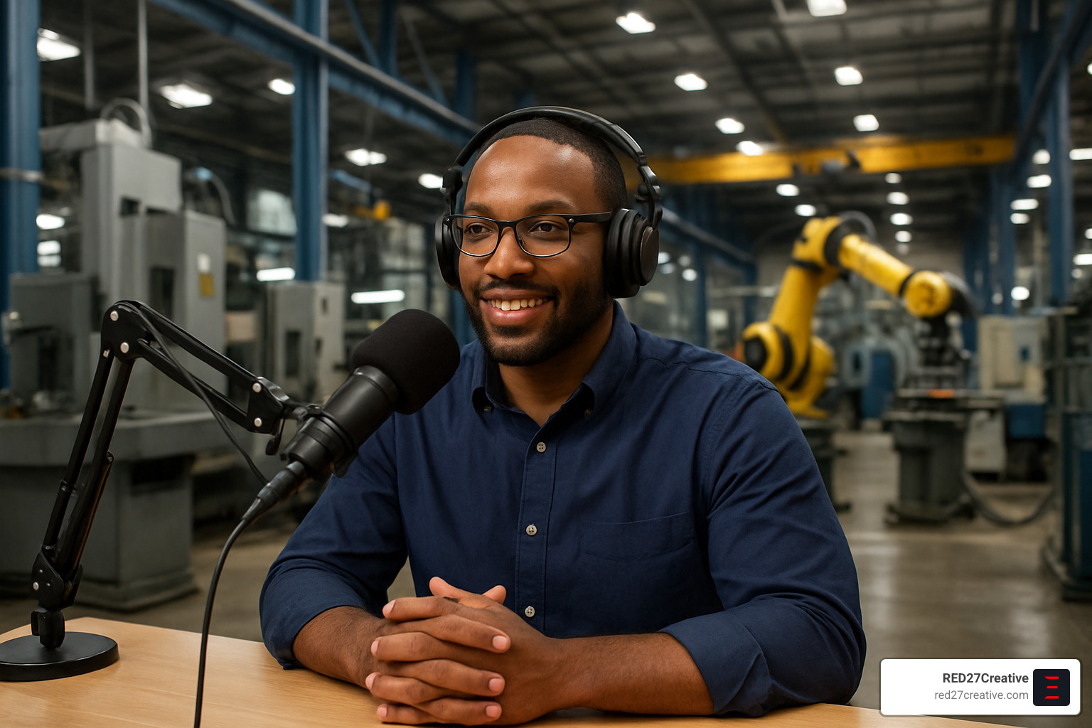 Stay Informed and Inspired – Best Manufacturing Publications • Manufacturing trade publications • RED27Creative podcaster in factory studio - Manufacturing trade publications