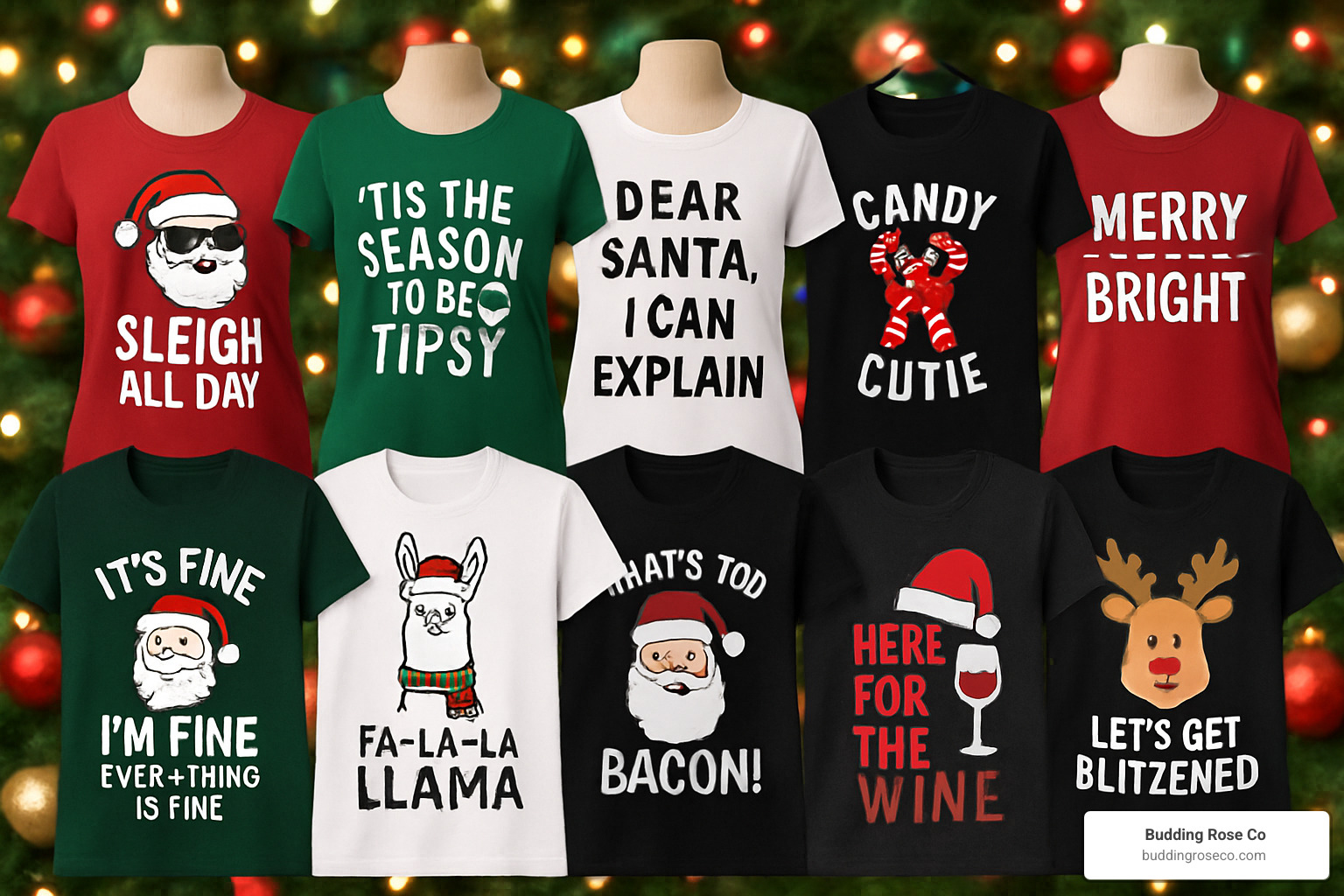 Collection of the top 10 funny Christmas shirt designs for ladies, showcasing various styles from classic puns to sassy sayings, displayed on different colored tees - funny christmas shirts ladies