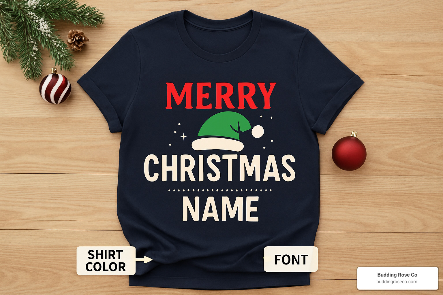 Personalized Christmas tee mockup showing customization options including name placement, color choices, and font styles - funny christmas shirts ladies
