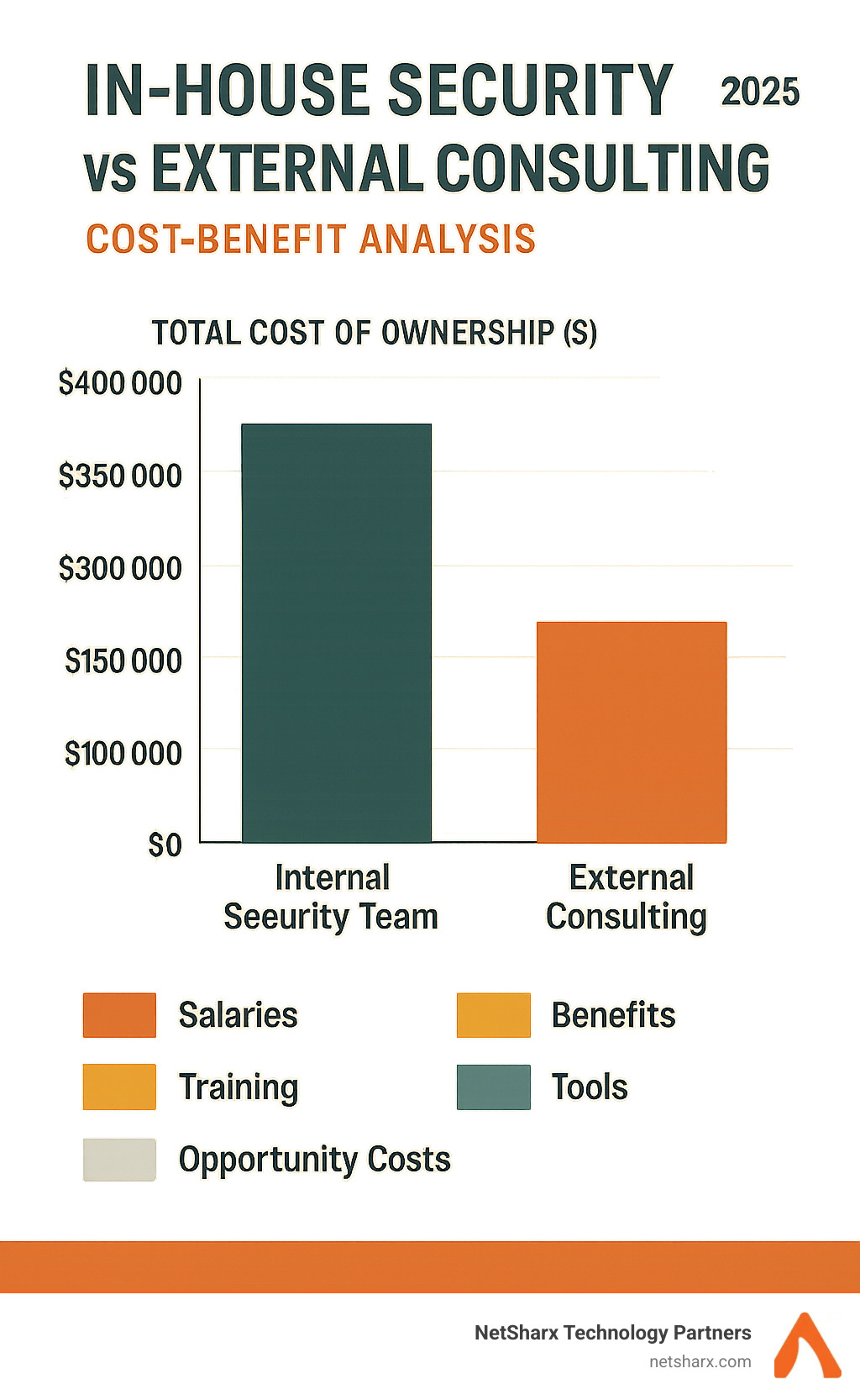 Infographic comparing internal security team costs versus external consulting costs over 12 months, showing total cost of ownership including salaries, benefits, training, tools, and opportunity costs - it cyber security consultant infographic 