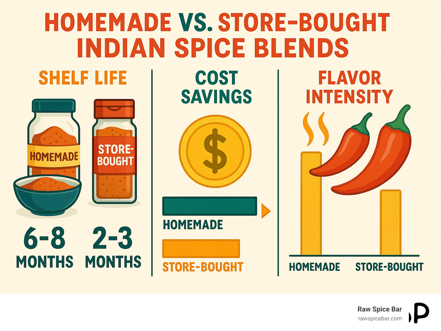 Statistical comparison showing shelf life, cost savings, and flavor intensity of homemade vs store-bought Indian spice blends - Indian spice blend recipes infographic 