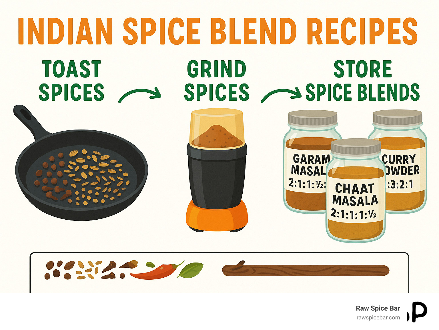 Step-by-step process showing whole spices being toasted in a pan, then ground in a spice grinder, and finally stored in labeled glass jars with measurements and ingredient ratios for popular Indian spice blends - Indian spice blend recipes infographic 