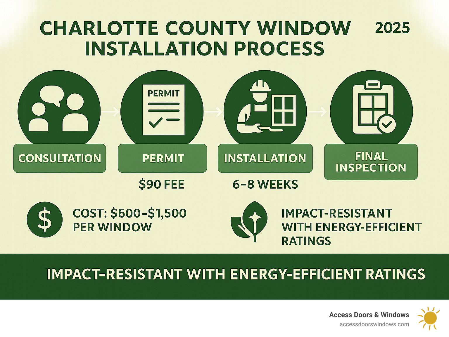 Infographic showing Charlotte County window installation process from consultation through final inspection, including permit requirements, timeline expectations, and cost breakdown for impact-resistant windows with energy efficiency ratings - Charlotte County window installation infographic 