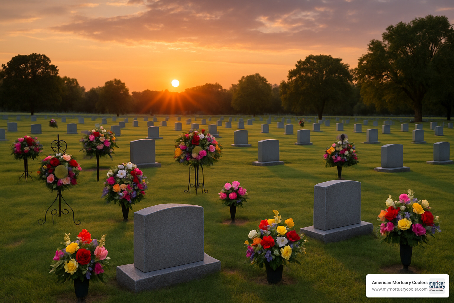 peaceful sunset view over well-maintained cemetery with various memorial stands and floral displays creating dignified tribute landscape - cemetery plant stands
