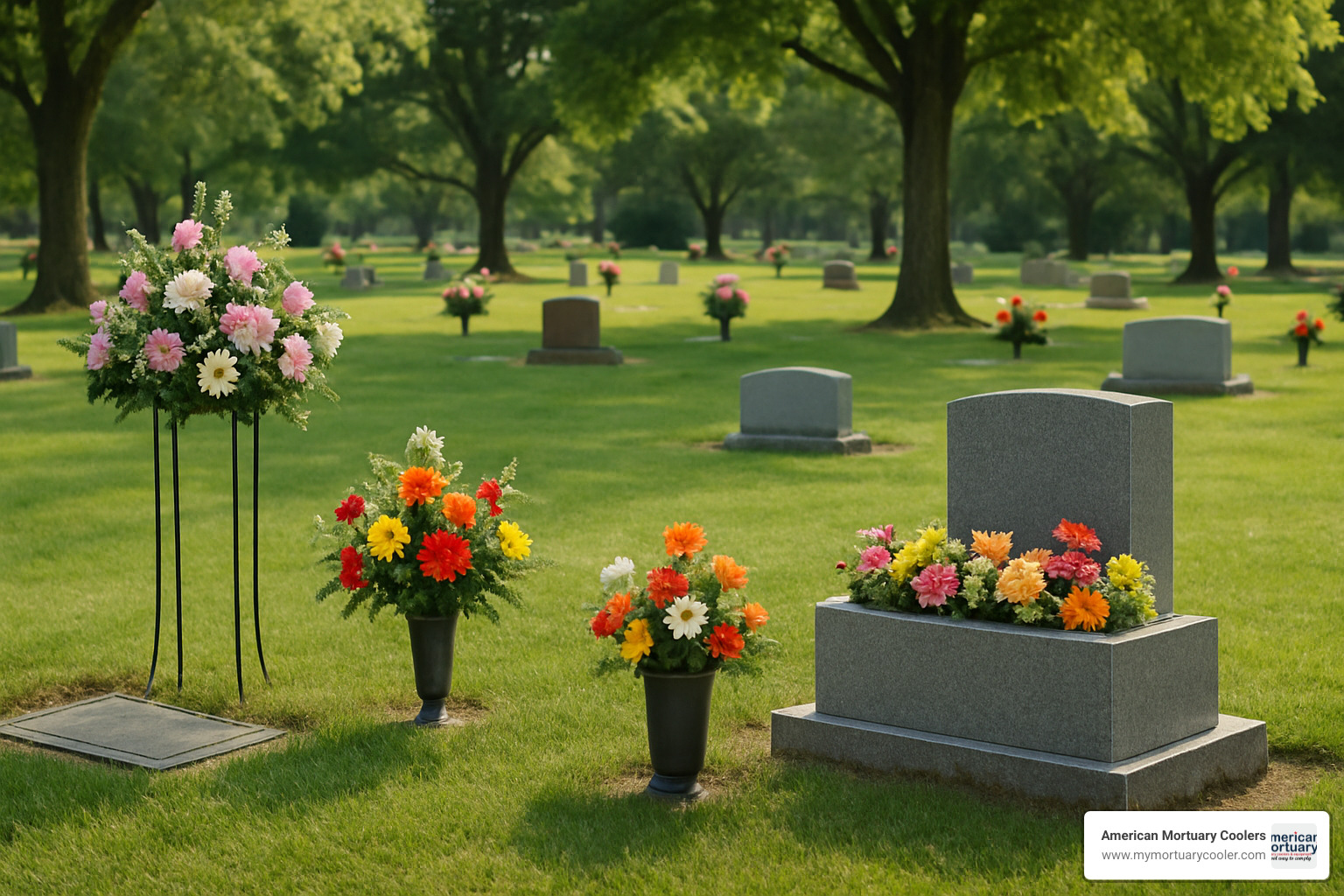 mixed memorial display showing combination of plant stands, ground vases, and integrated monument planters - cemetery plant stands