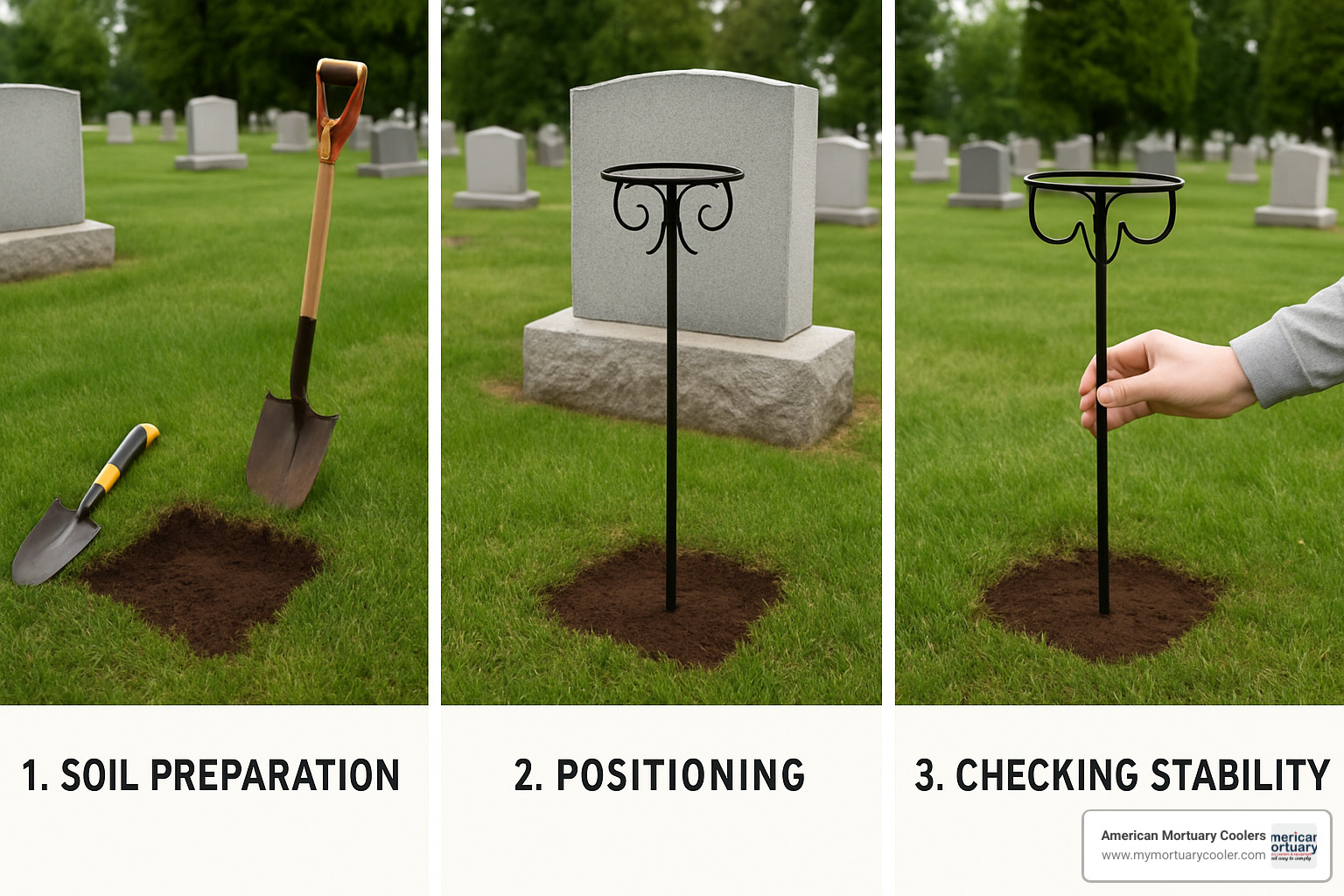 step-by-step installation process showing soil preparation, stand positioning, and final stability check - cemetery plant stands