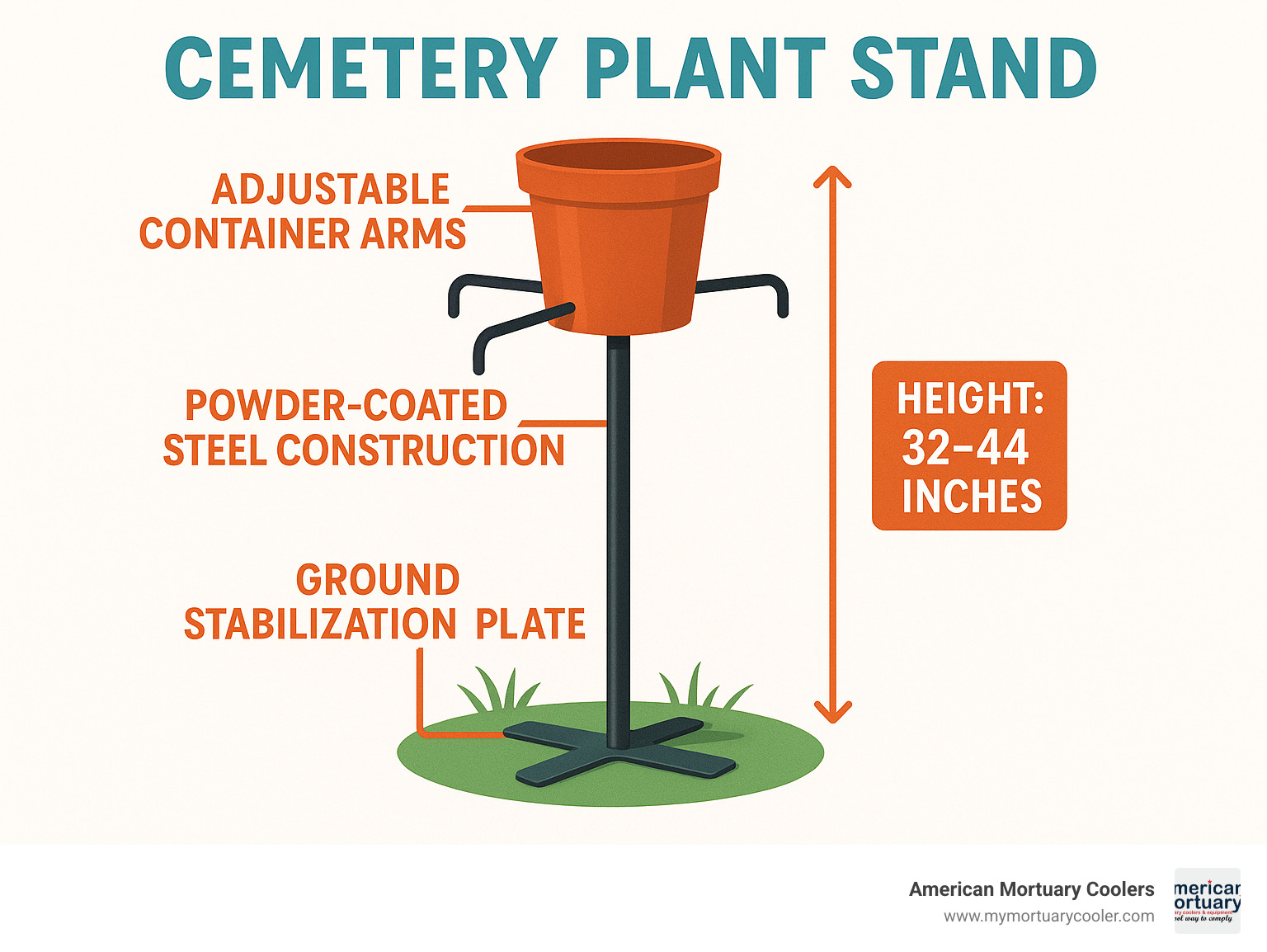 Detailed breakdown of cemetery plant stand components including ground stabilization plate, adjustable container arms, powder-coated steel construction, and height specifications from 32-44 inches - cemetery plant stands infographic 