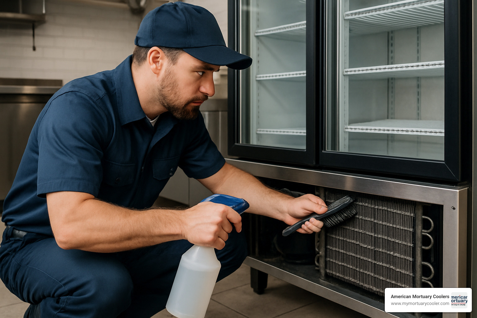 Technician cleaning condenser coils on commercial refrigerator - 2 door glass refrigerator