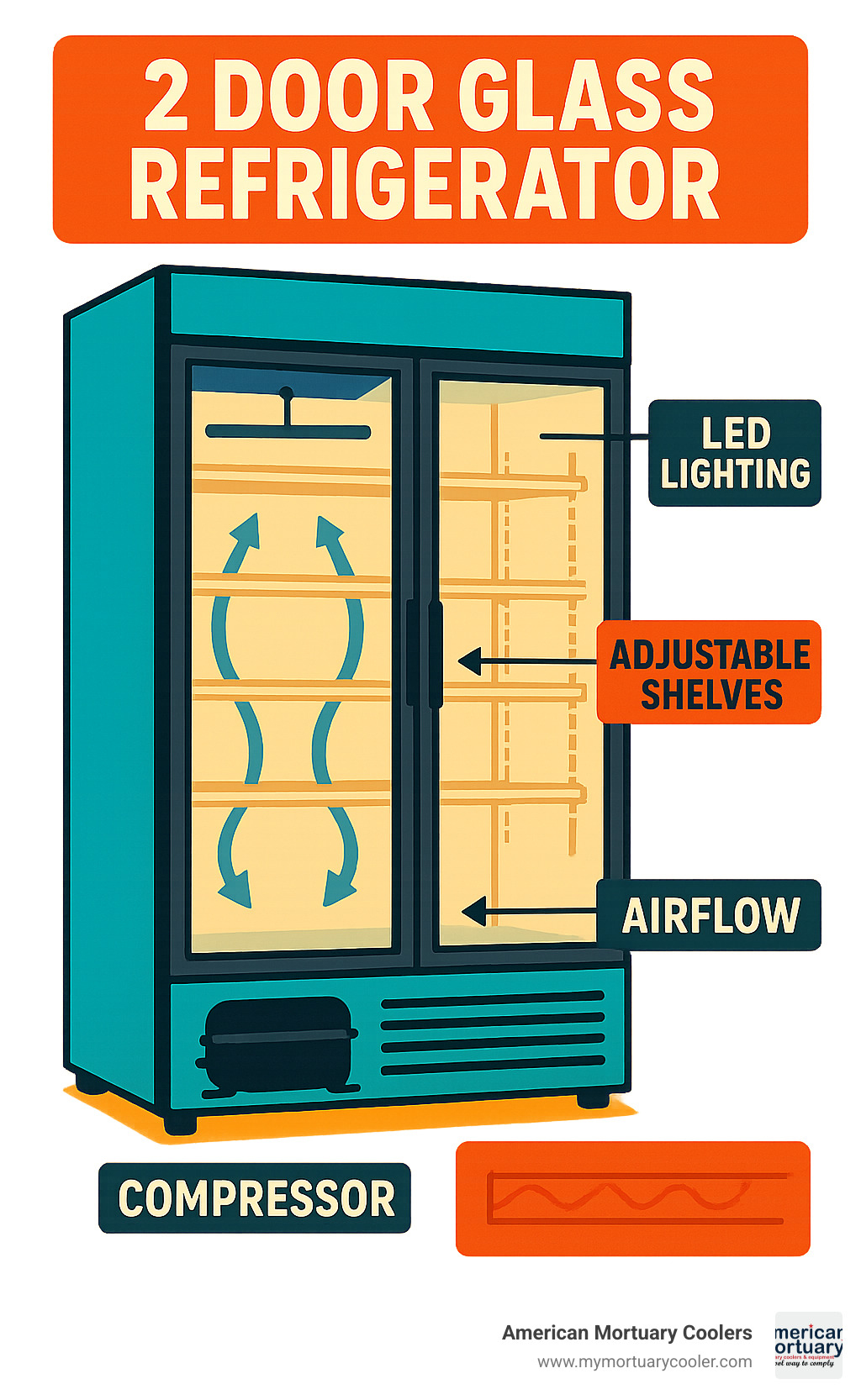 Detailed breakdown of 2 door glass refrigerator components showing compressor location, LED lighting system, adjustable shelving configuration, and airflow patterns for optimal temperature distribution - 2 door glass refrigerator infographic 