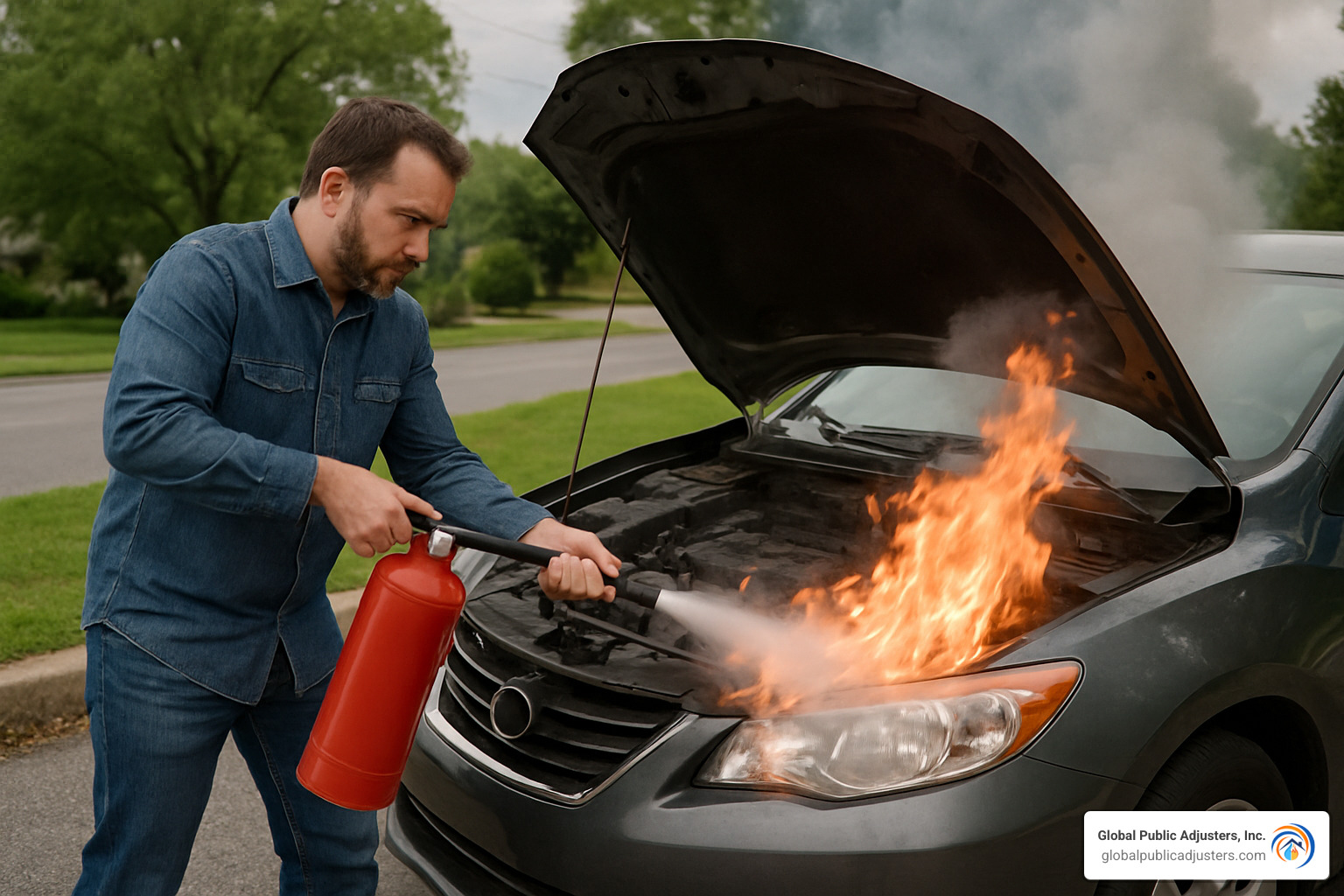 driver using fire extinguisher on small car fire - does car insurance cover fire damage