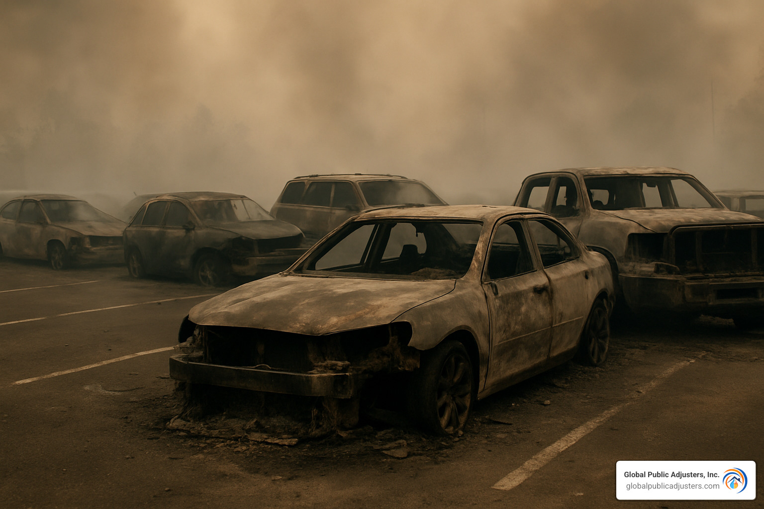 wildfire damaged vehicles in parking lot - does car insurance cover fire damage